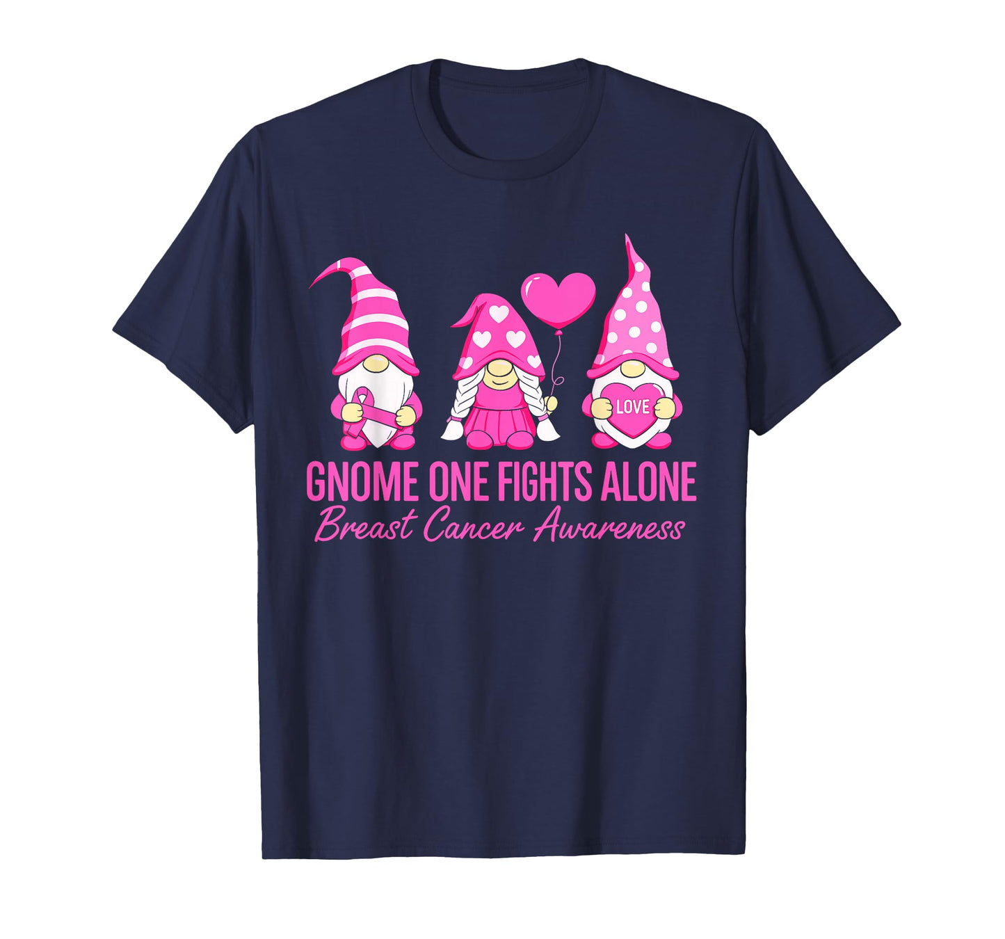 Gnome One Fights Alone Breast Cancer Awareness Pink Ribbon T-Shirt