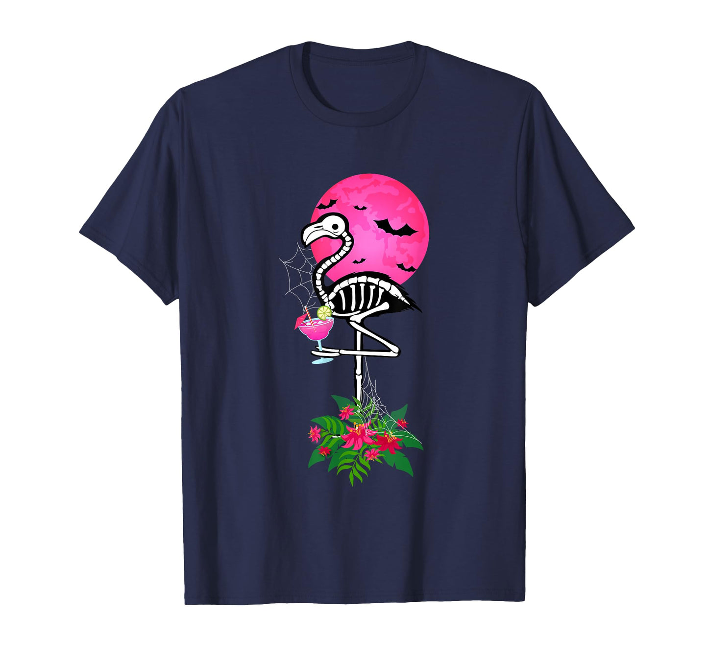 Kids Adults Thirsty Skeleton Flamingo Flower Funny Halloween T-Shirt