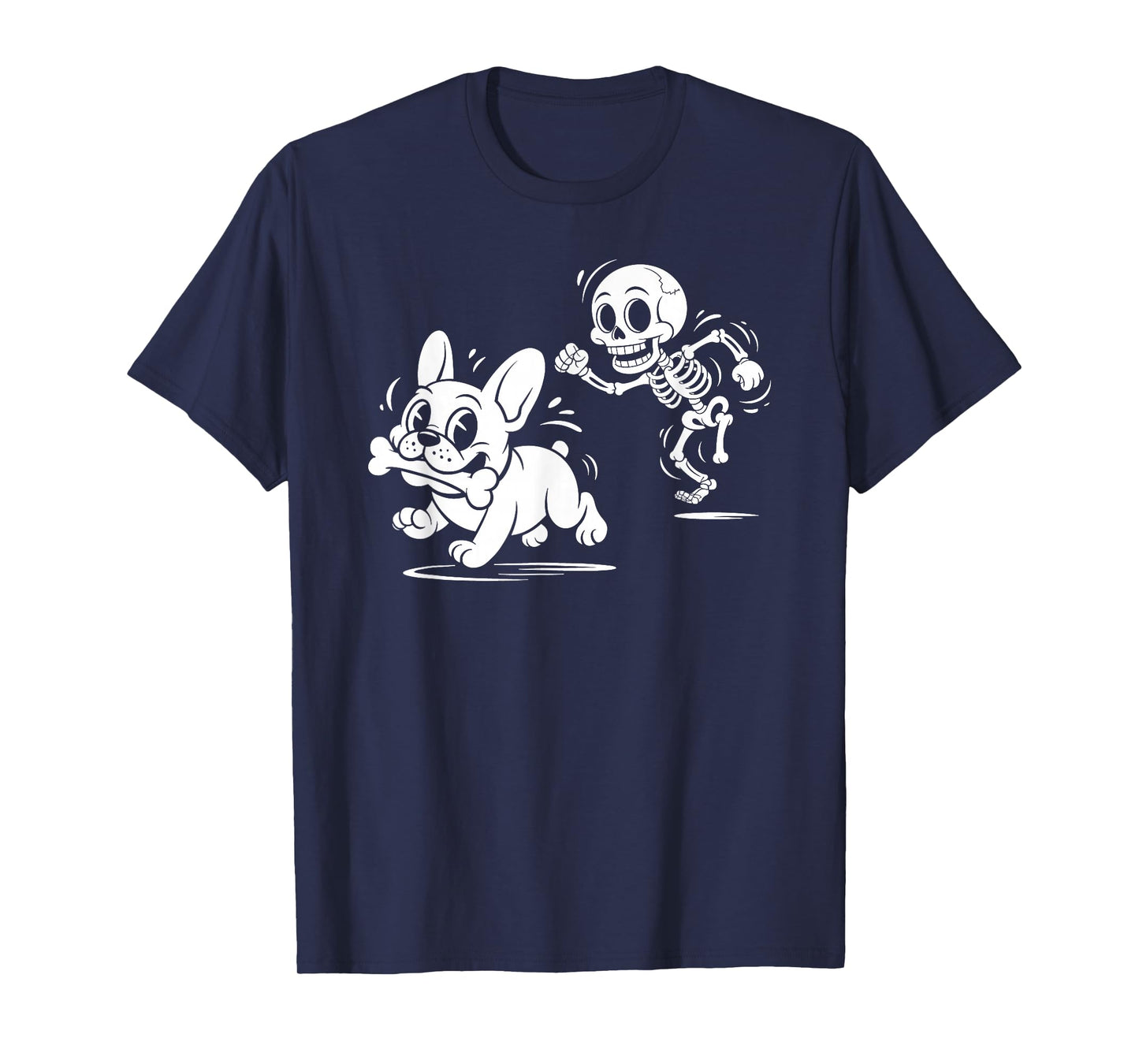 Skeleton Chasing French Bulldog Funny Halloween Dog T-Shirt