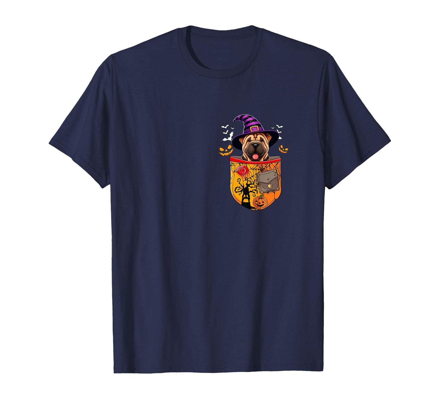 Shar Pei As Witch in Pocket Halloween Dog Owner Family T-Shirt