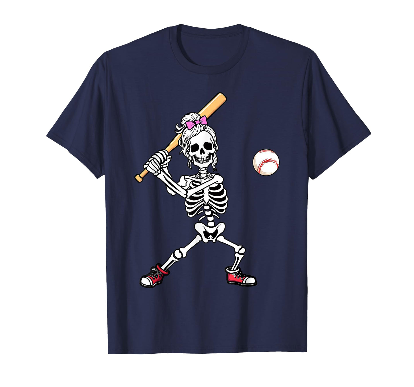 Messy Bun Skeleton Baseball Player Halloween Girls Women T-Shirt