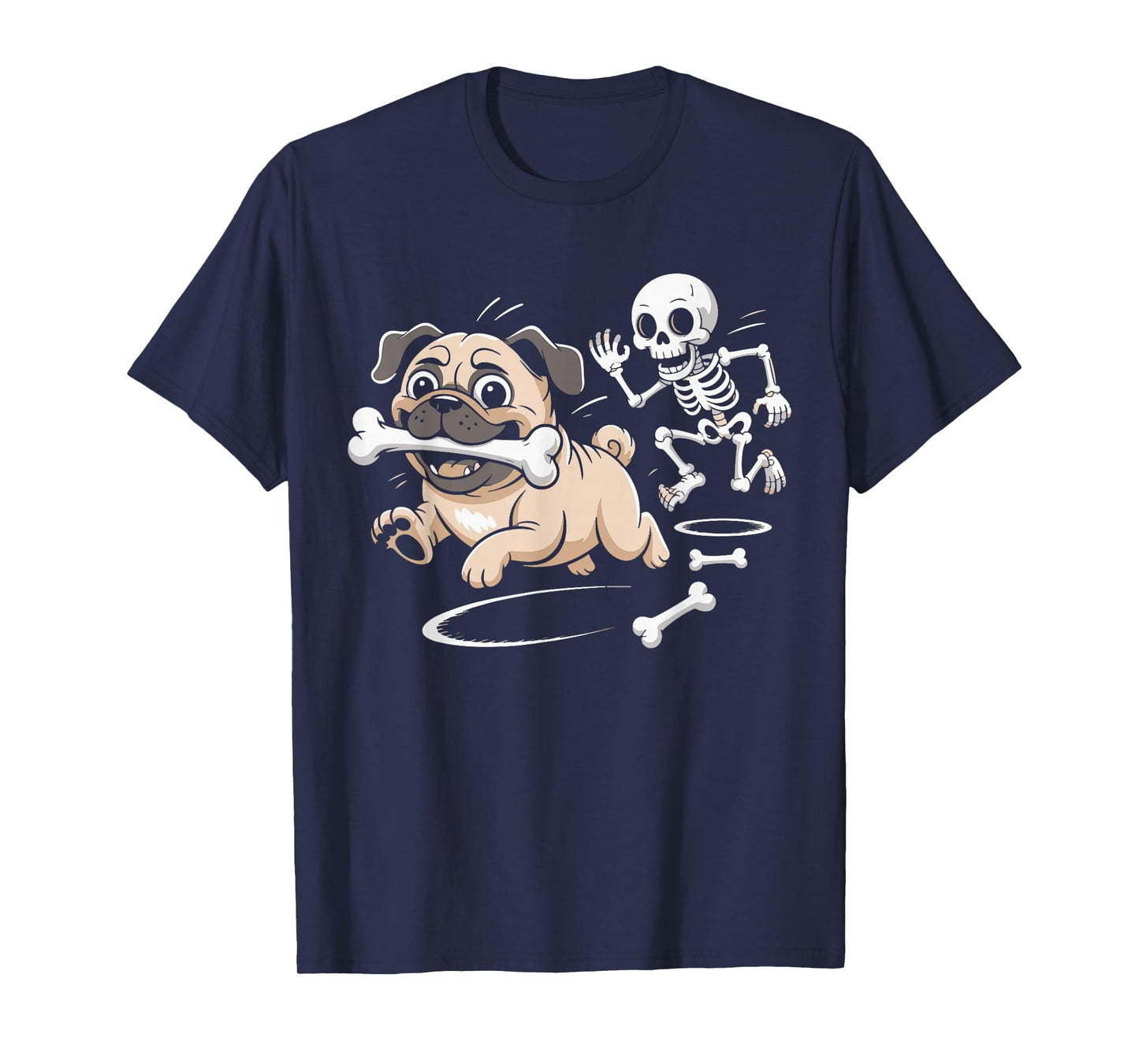 Cute Pug Dog Steals Skeleton Bone Spooky Halloween Costume T-Shirt