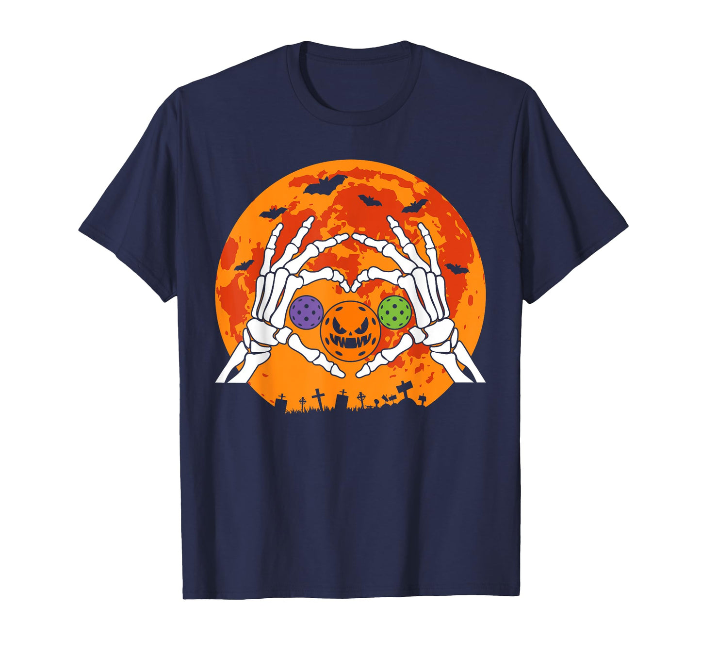 Funny Pickleball Halloween Skeleton Hands Love Heart Pumpkin T-Shirt