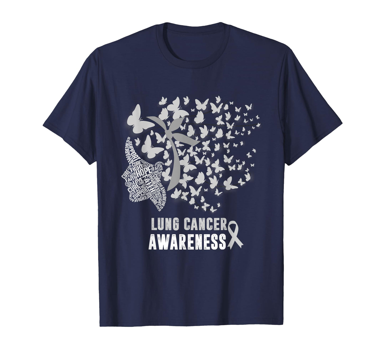 Womens Lung Cancer Awareness Messy Butterfly White Ribbon T-Shirt