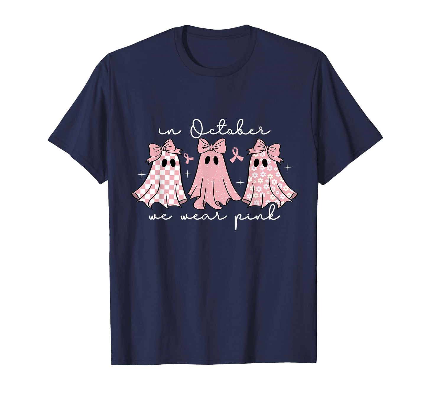 in October We Wear Pink Ghost Breast Cancer Halloween T-Shirt