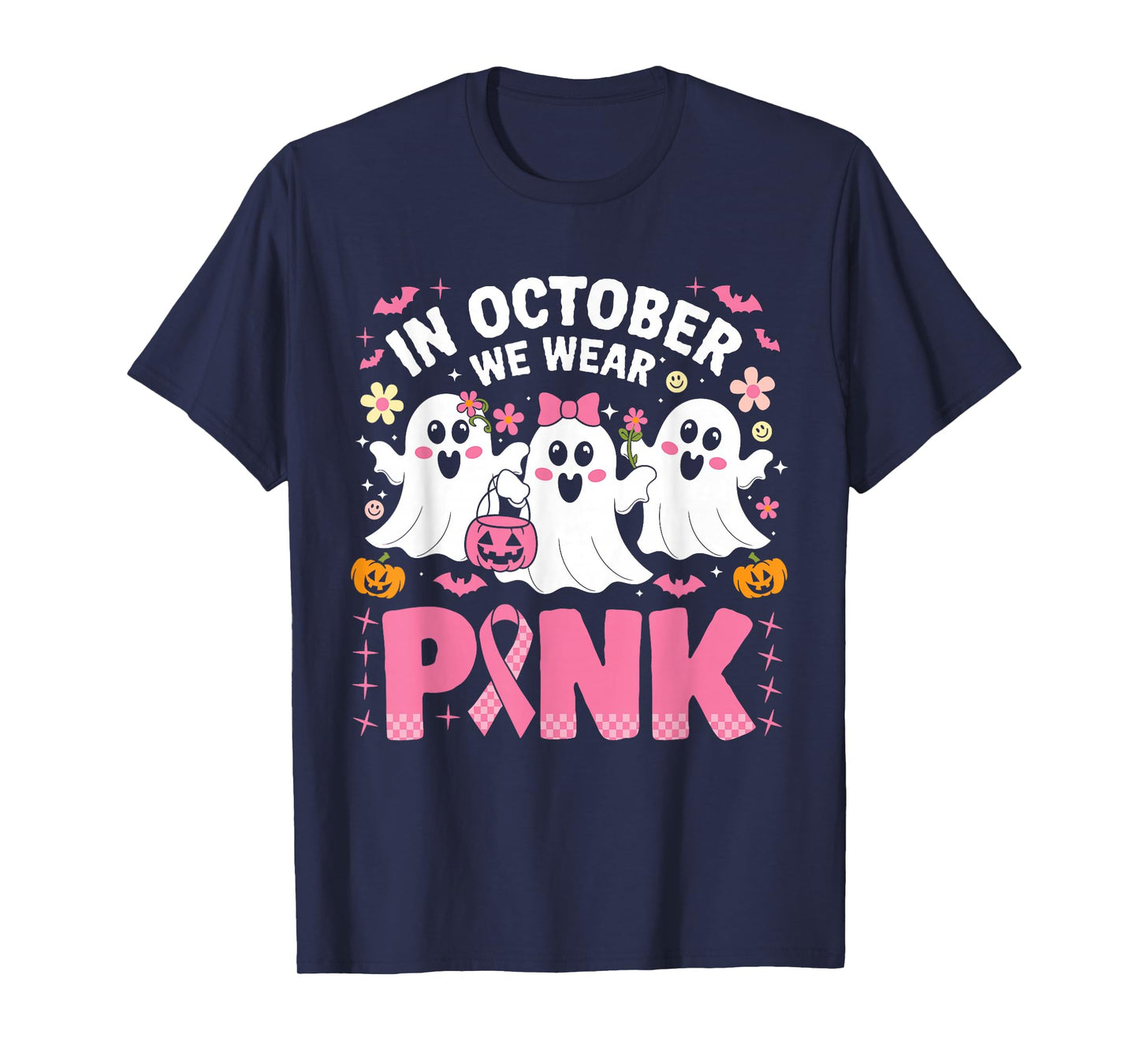 In October We Wear Pink Ghost Witch Breast Cancer Awareness T-Shirt