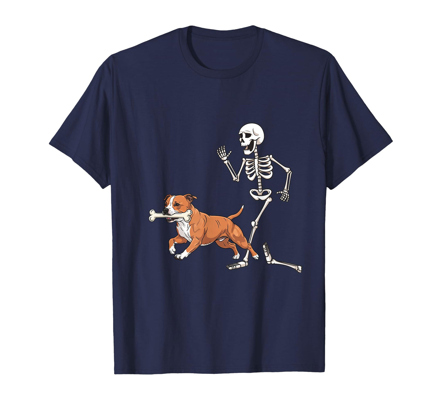 Funny Halloween Staffordshire Bull Terrier and Skeleton T-Shirt