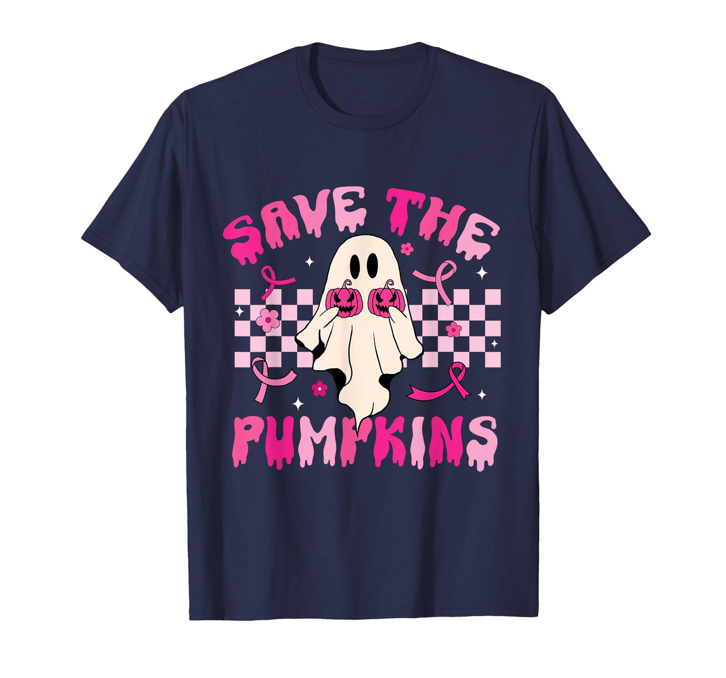 Rero Groovy Save The Pumpkins Ghost Breast Cancer Awareness T-Shirt
