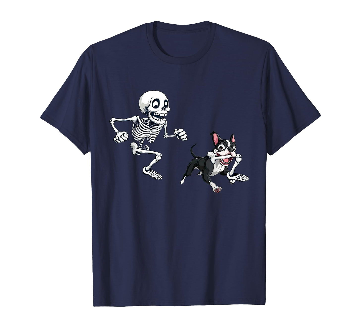Skeleton Chasing Dog Boston Terrier Halloween Pet Lover T-Shirt
