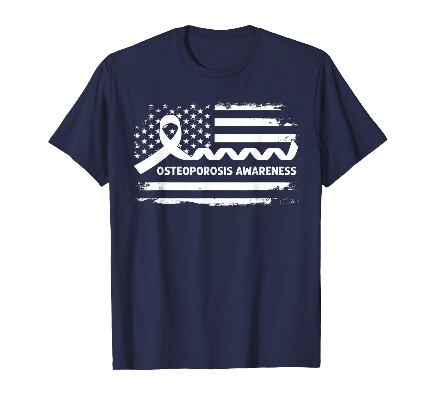 Osteoporosis Awareness American Flag - White Ribbon T-Shirt