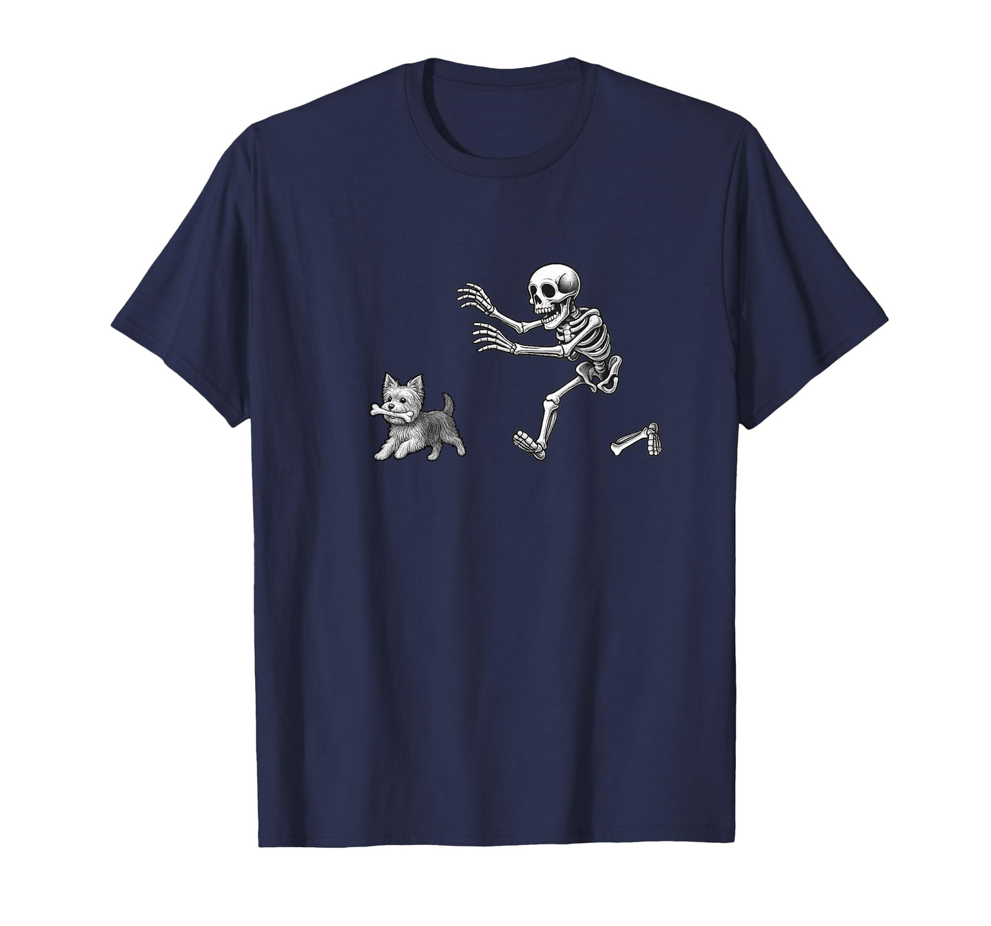 Funny Skeleton Chasing Yorkshire Terrier Halloween Dog Lover T-Shirt