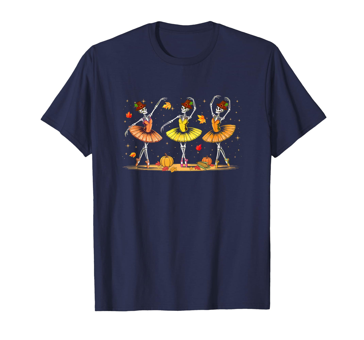 Three Cute Skeletons Bow Tie Dancing Thanksgiving Colorful T-Shirt
