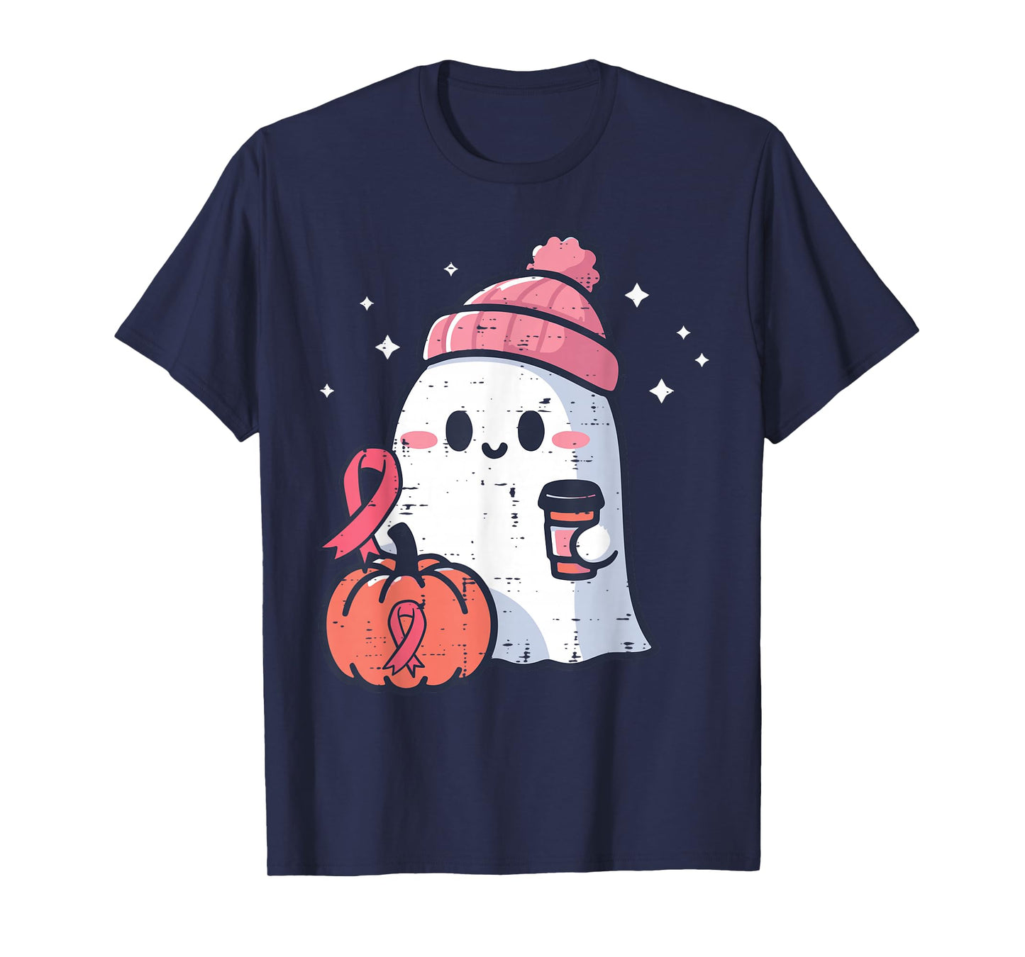 Breast Cancer Ghost Coffee Awareness Halloween Women Men Kid T-Shirt