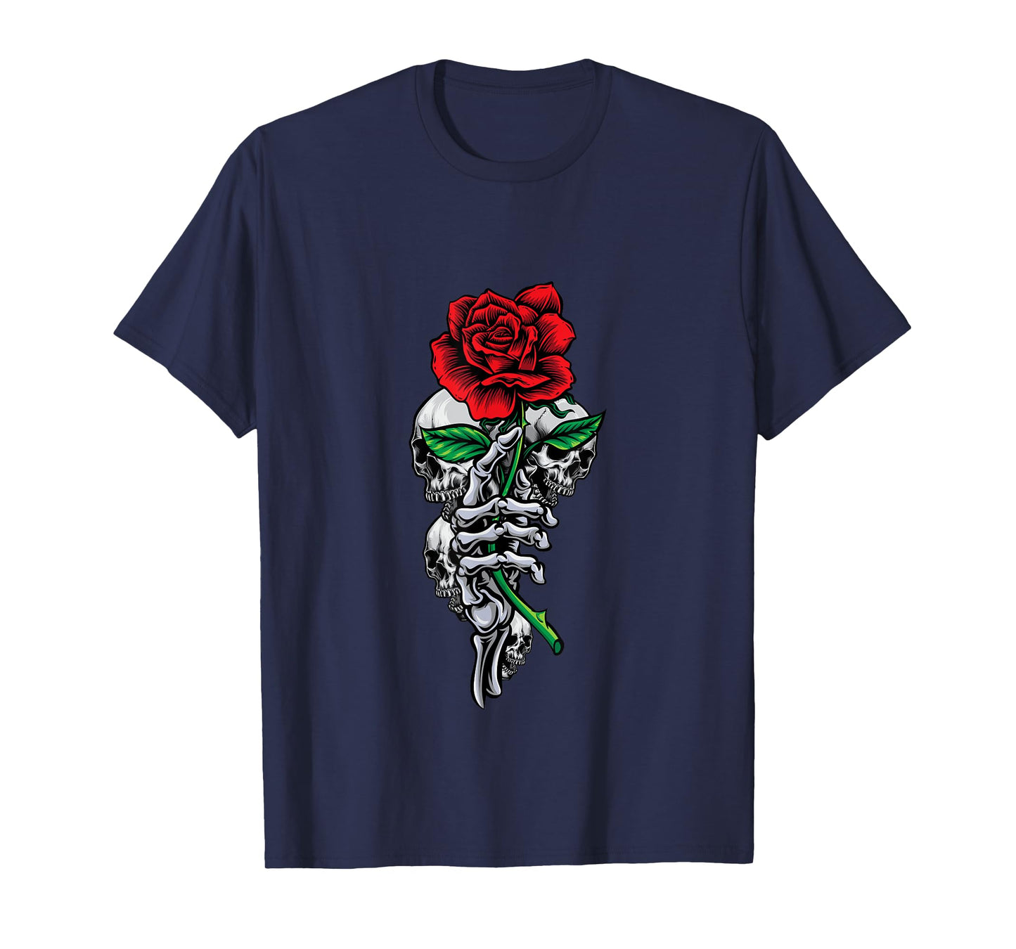 Skeleton Hand Red And Beautiful Rose Flower And Skulls Art T-Shirt