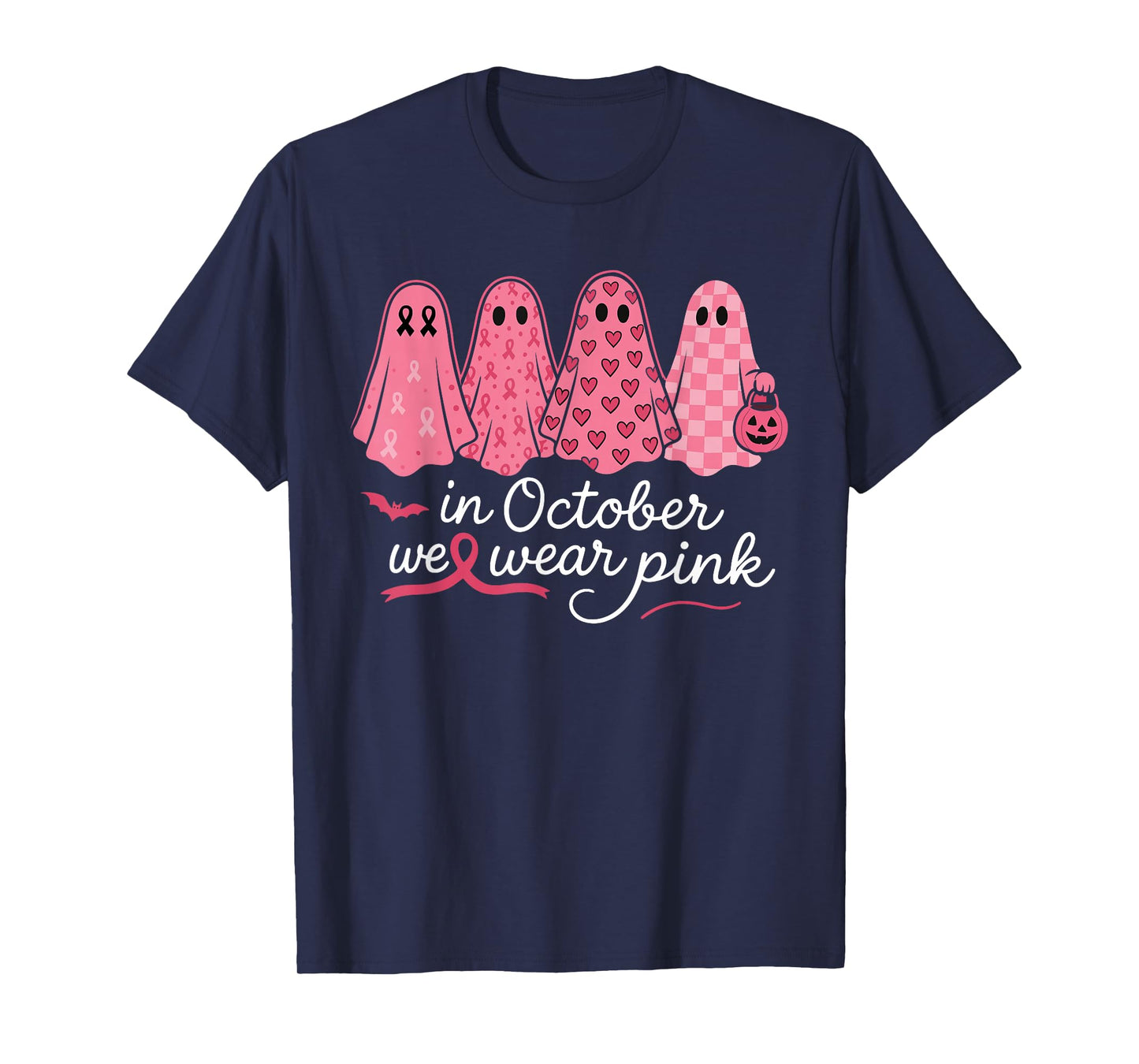 in October We Wear Pink Ghost Halloween Breast Cancer T-Shirt