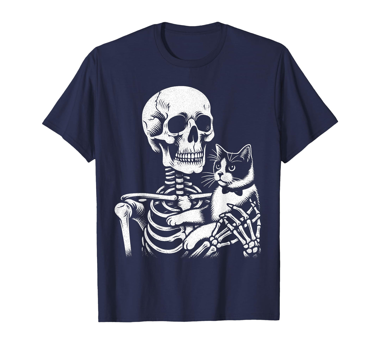 Skeleton Holding A Tuxedo Cat Lazy Halloween Costume Skull T-Shirt for Men Women Kids