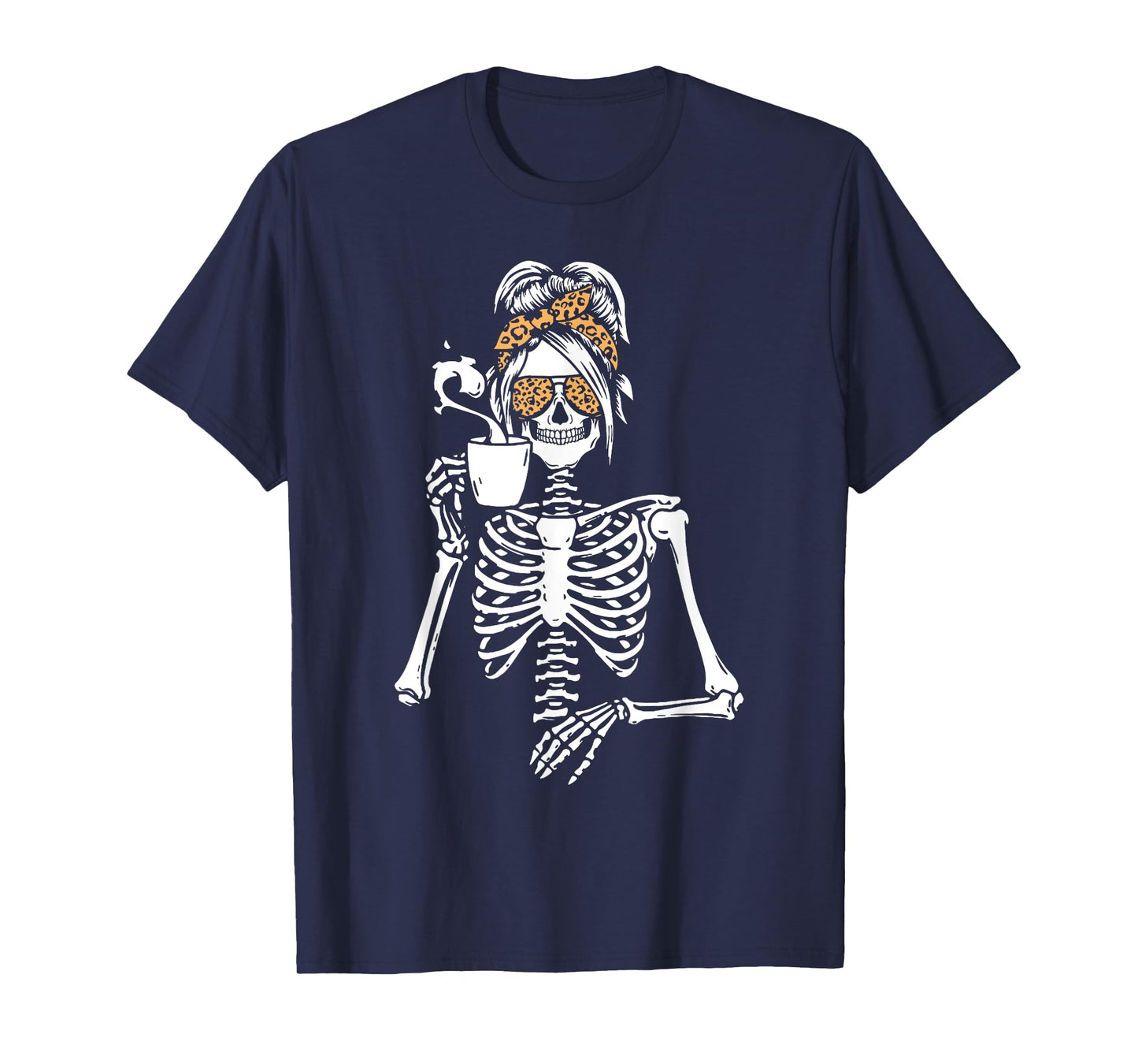 Skeleton Messy Bun Coffee Drinking Halloween Costume Women T-Shirt