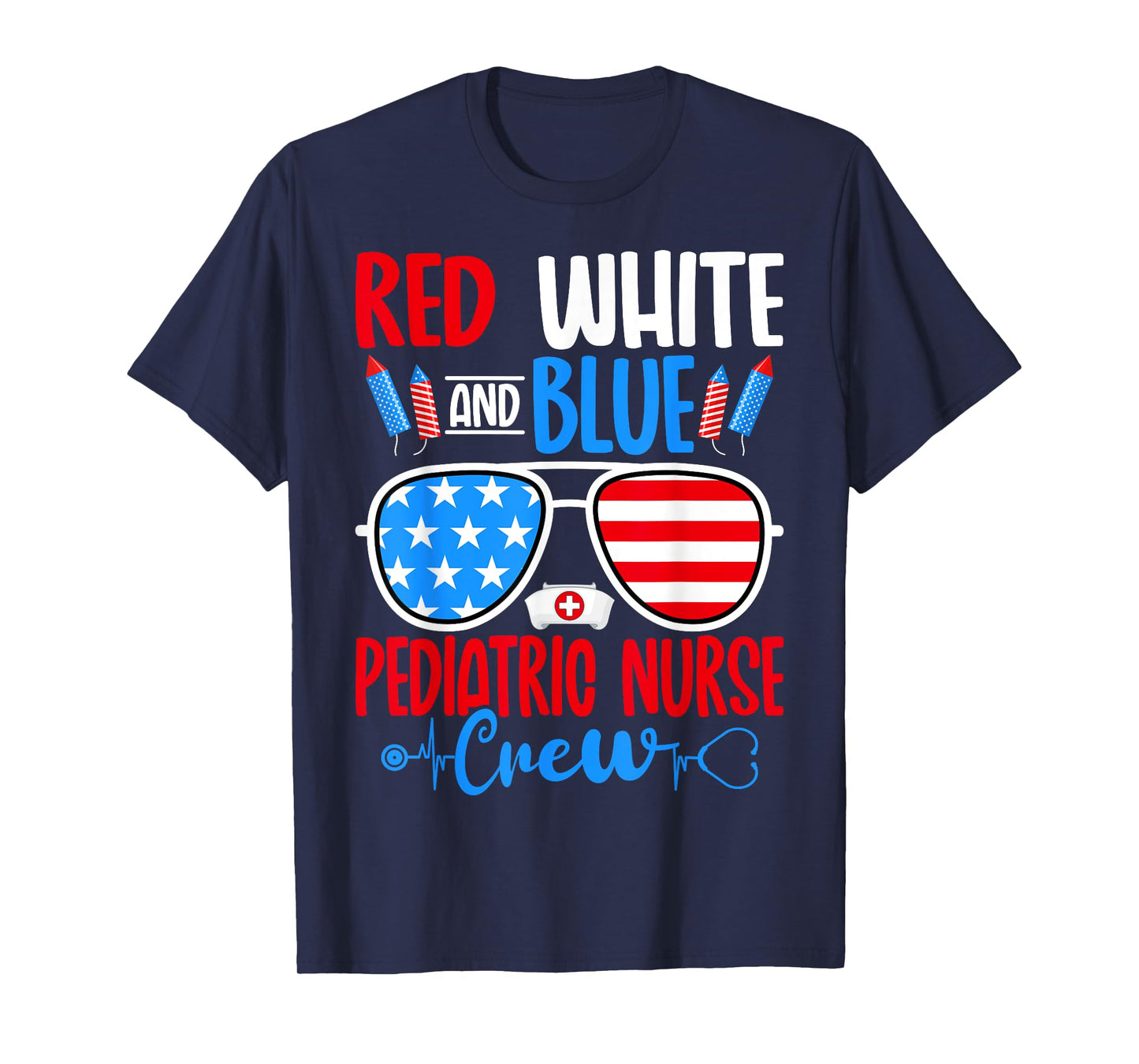 Red White Blue Pediatric Nurse Crew USA Flag 4th of July T-Shirt