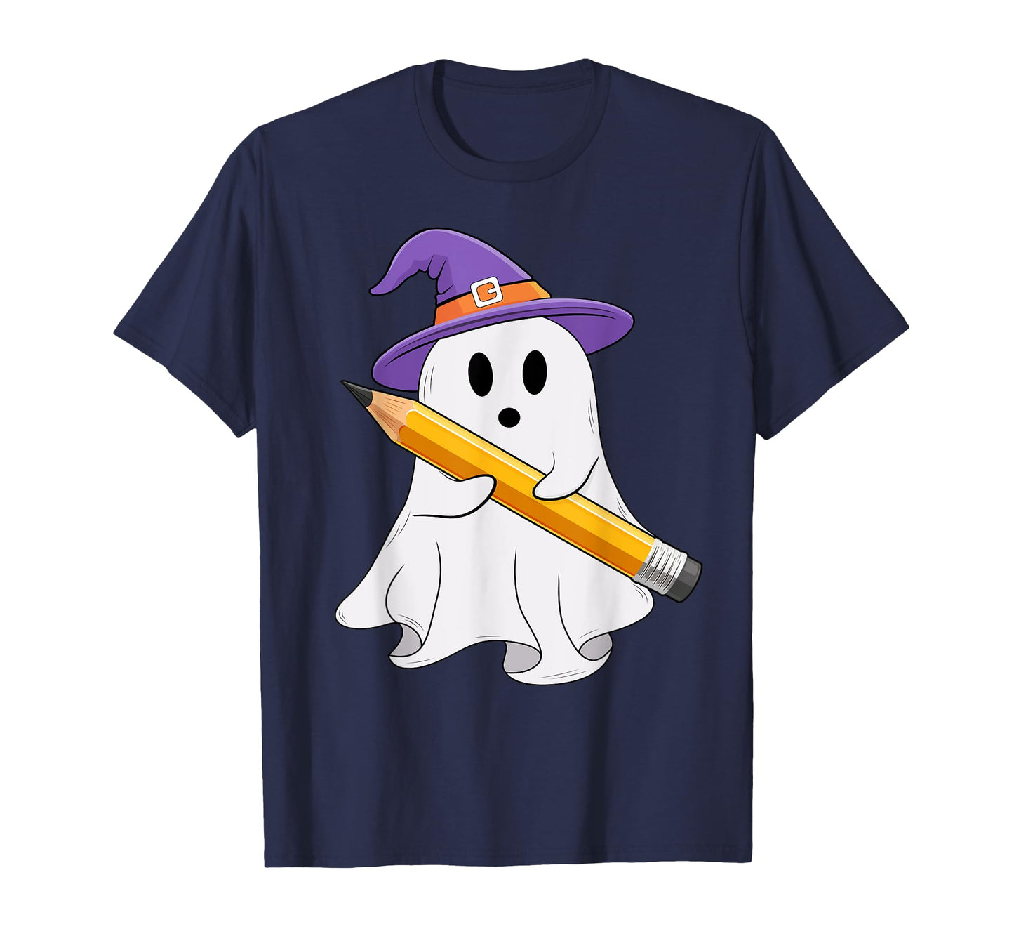 Ghost Holding A Pencil Halloween Costume Spooky Teacher Kids T-Shirt