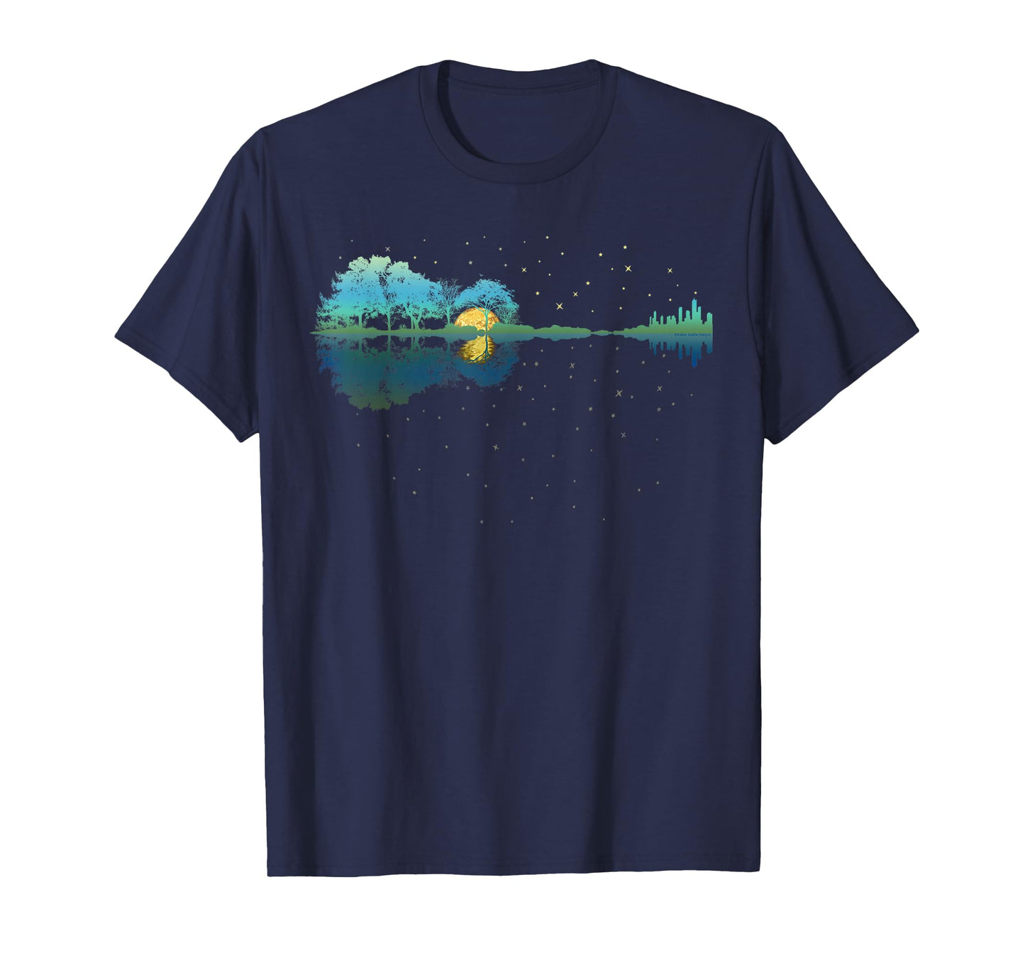 Guitar Lake Reflections Night Sky and Moon Guitar T-Shirt