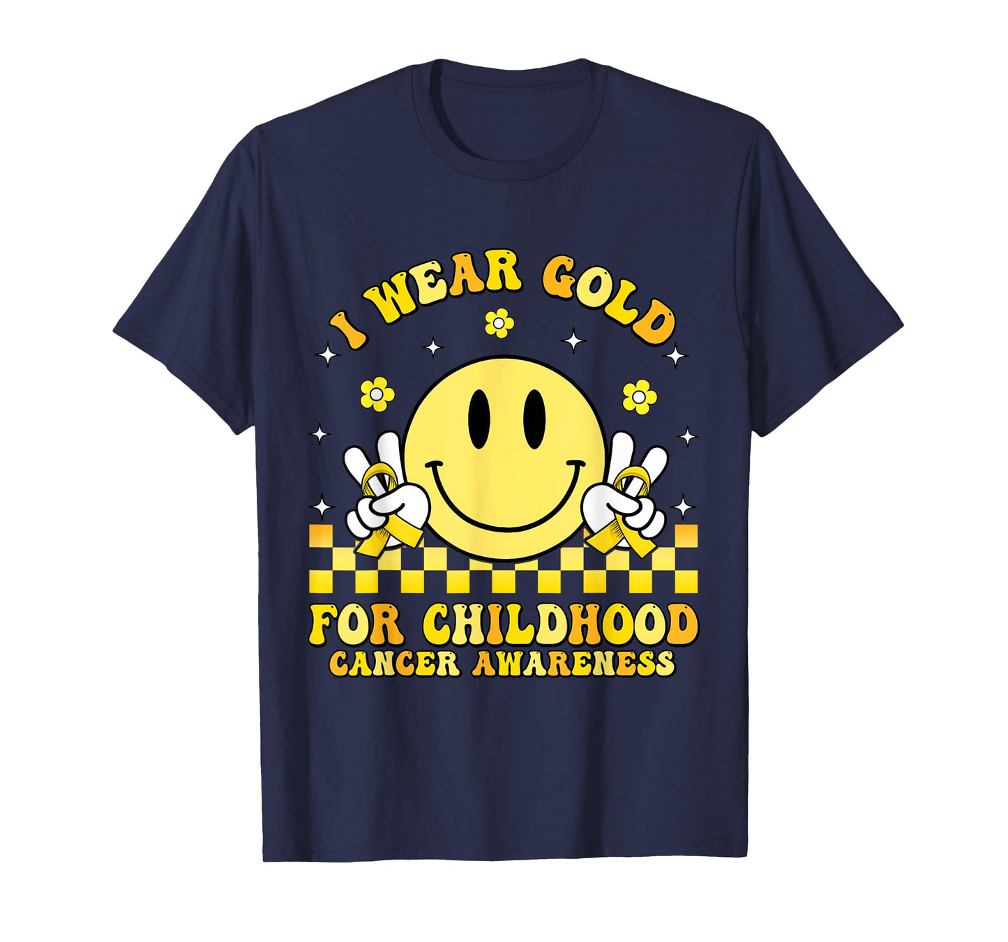 Groovy Retro Smile Face I Wear Gold For Childhood Cancer T-Shirt