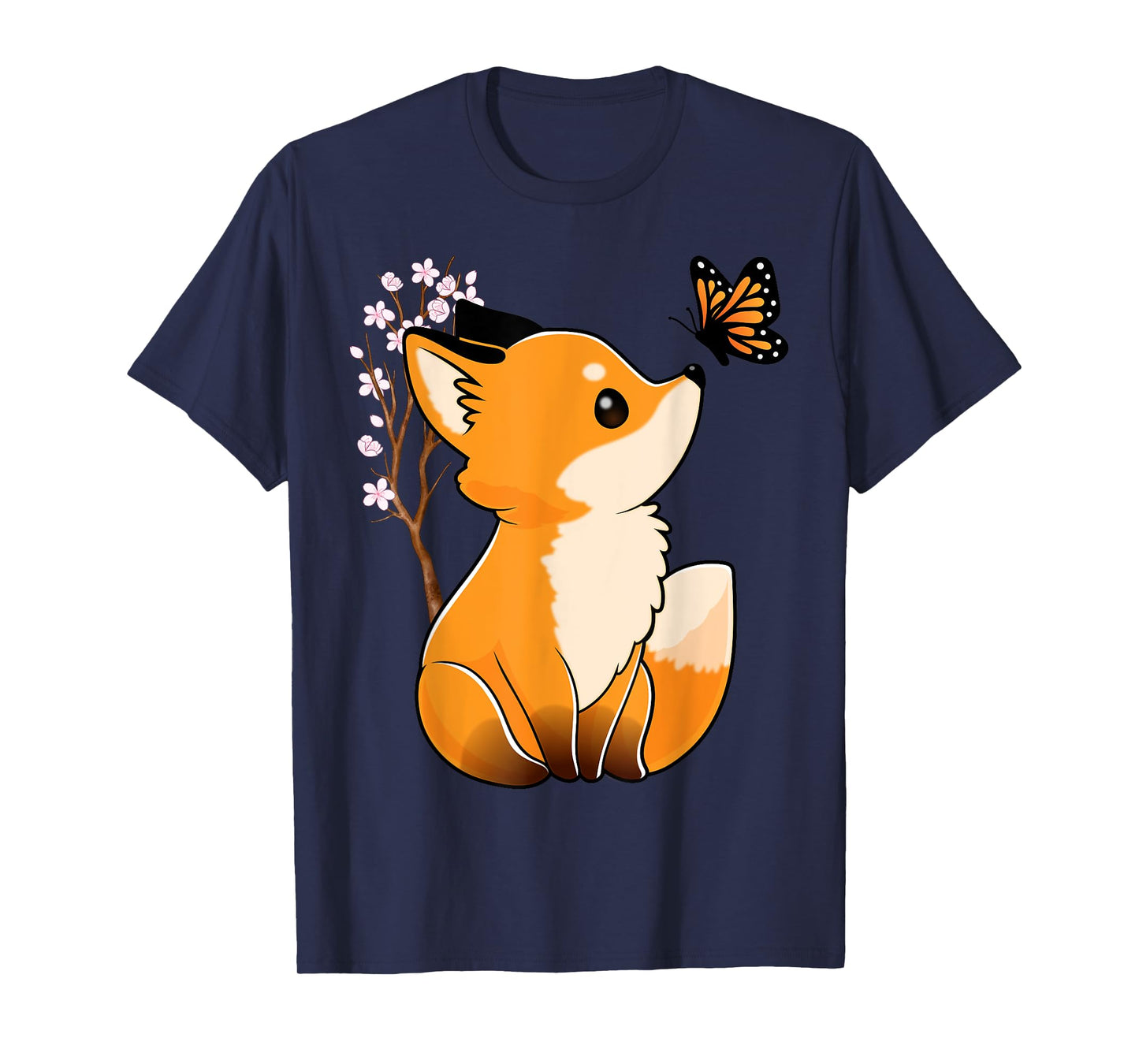 Fox and Butterfly Cute Fox Japanese Cherry Blossom Flower T-Shirt