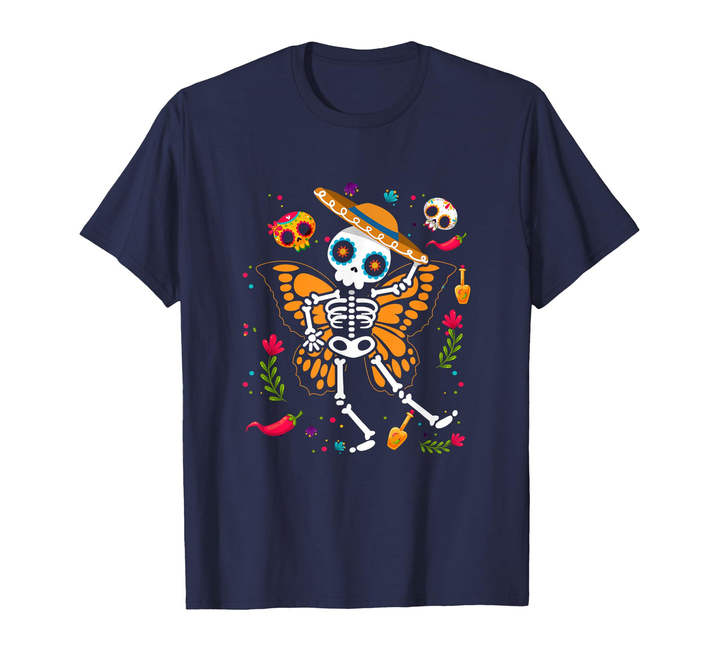 Day of The Dead Sugar Skull Skeleton Monarch Butterfly Wings T-Shirt