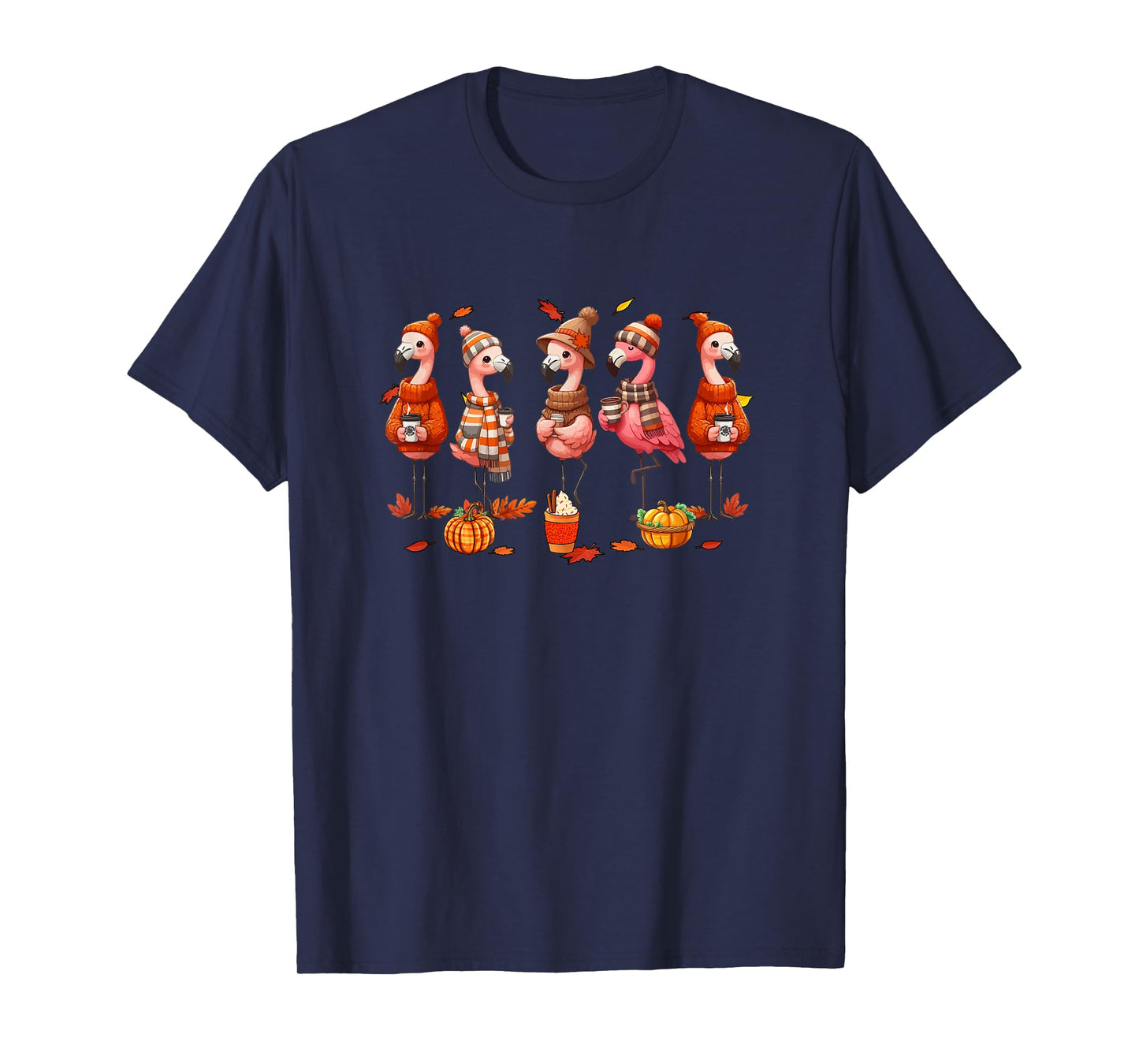 Group Flamingos Thanksgiving Pilgrim Fall Leaves Pumpkins T-Shirt