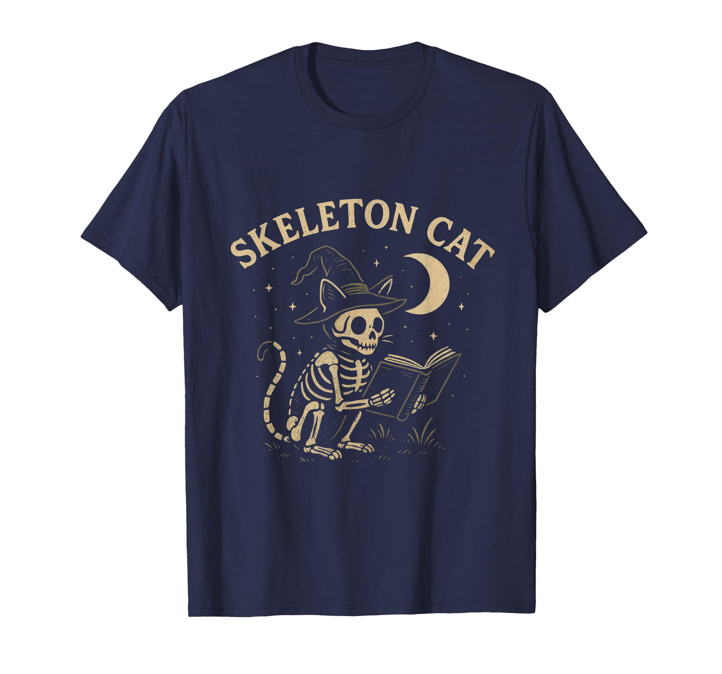 Skeleton Witch Cat Reading Under Moon Halloween Magic T-Shirt