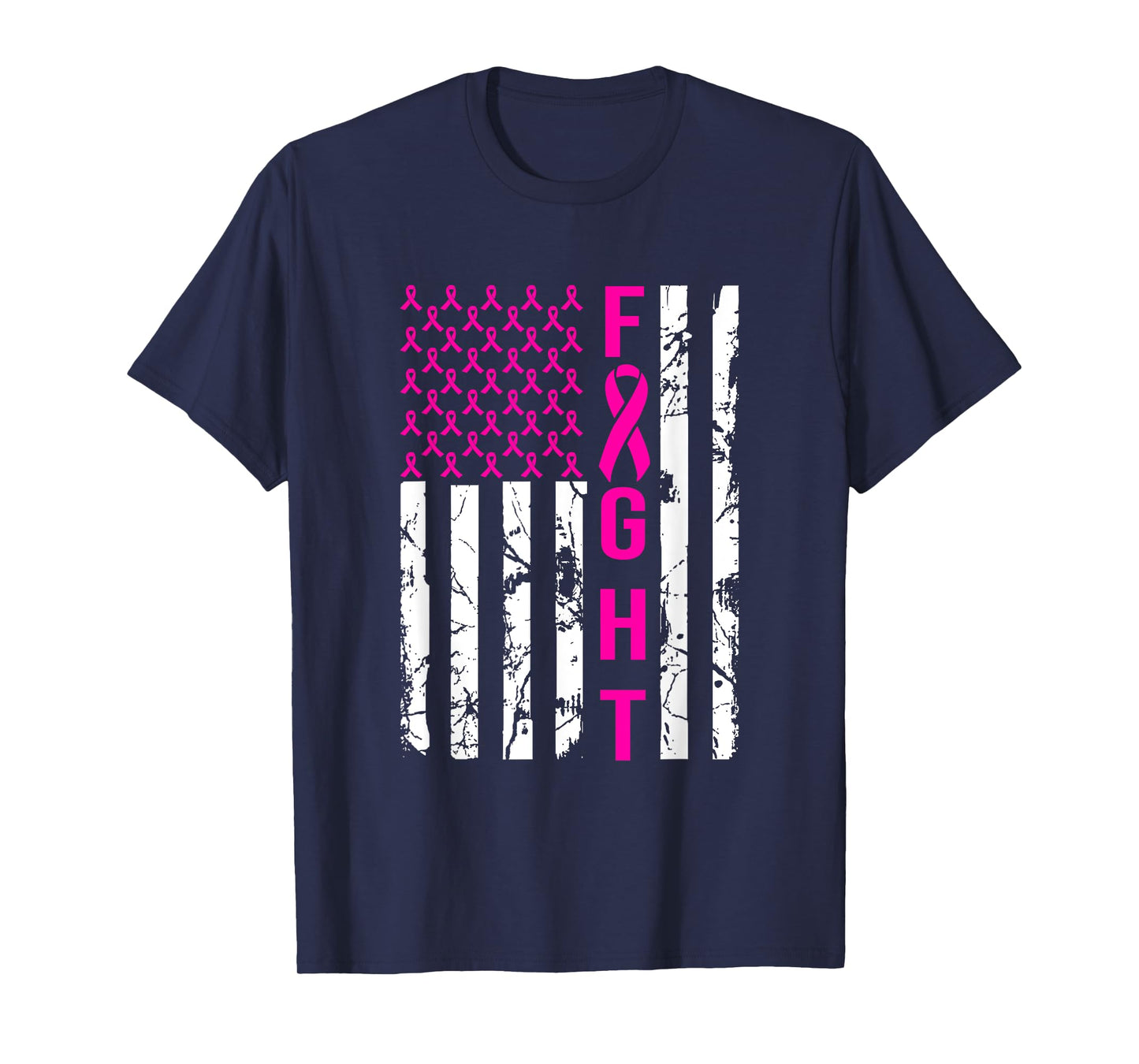 Breast Cancer Awareness FIGHT American Flag Pink Ribbon Women Men T-Shirt