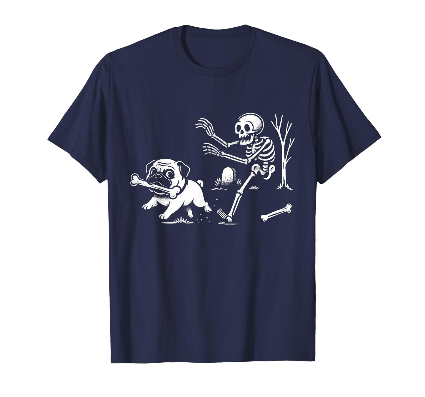 Pug Dog Running from Skeleton Fun Design for Men Women Kids T-Shirt