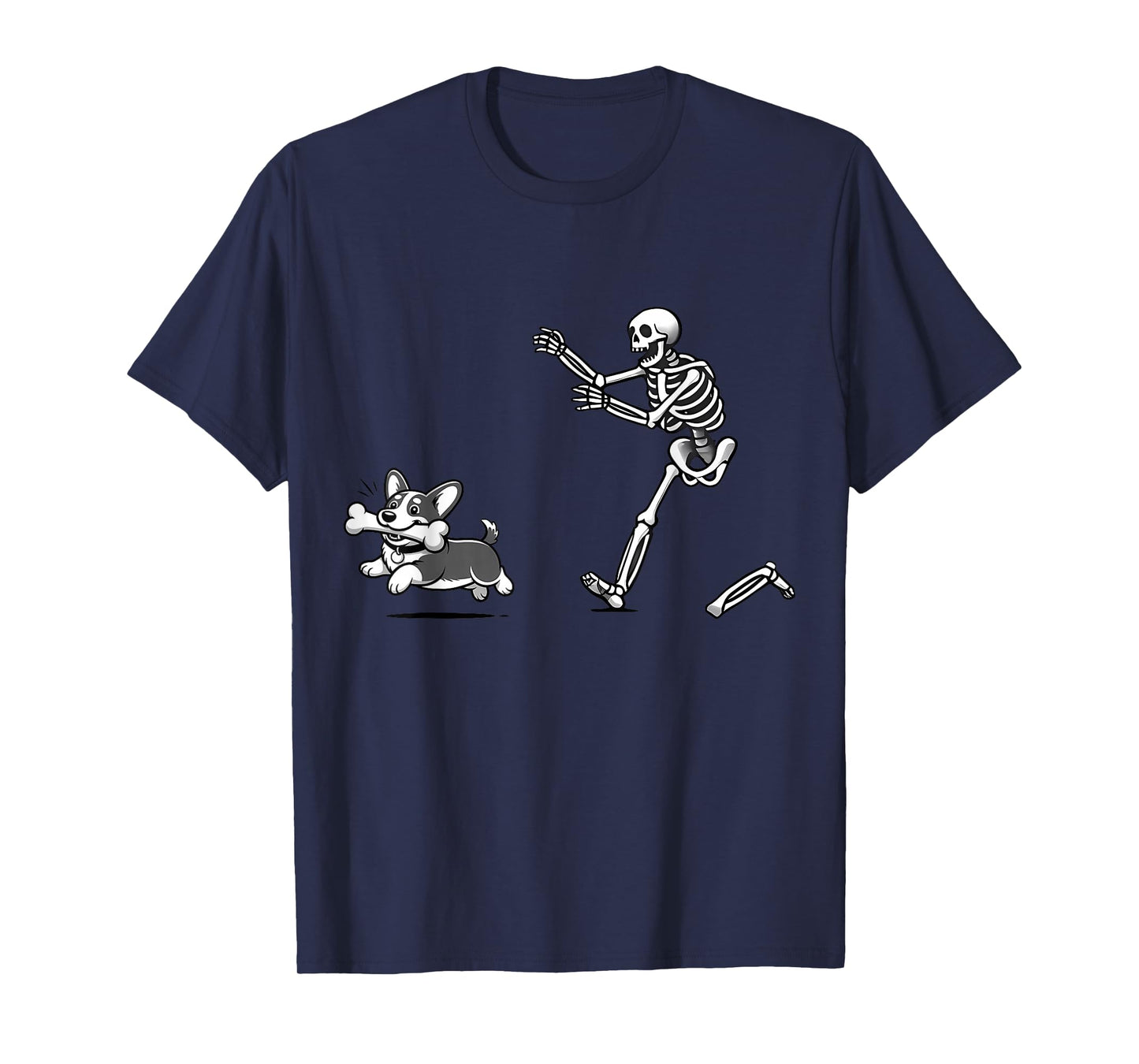Funny Skeleton Chasing Corgi Dog Lovers Spooky Halloween T-Shirt