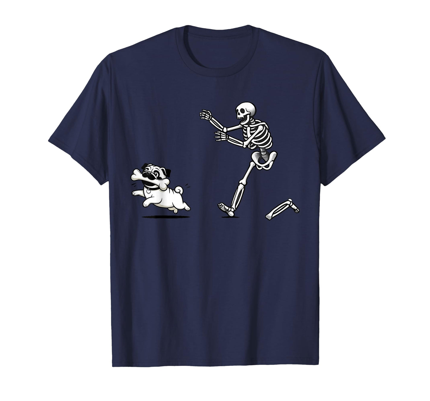 Funny Halloween Skeleton Chasing Pug Spooky Season Pet Lover T-Shirt