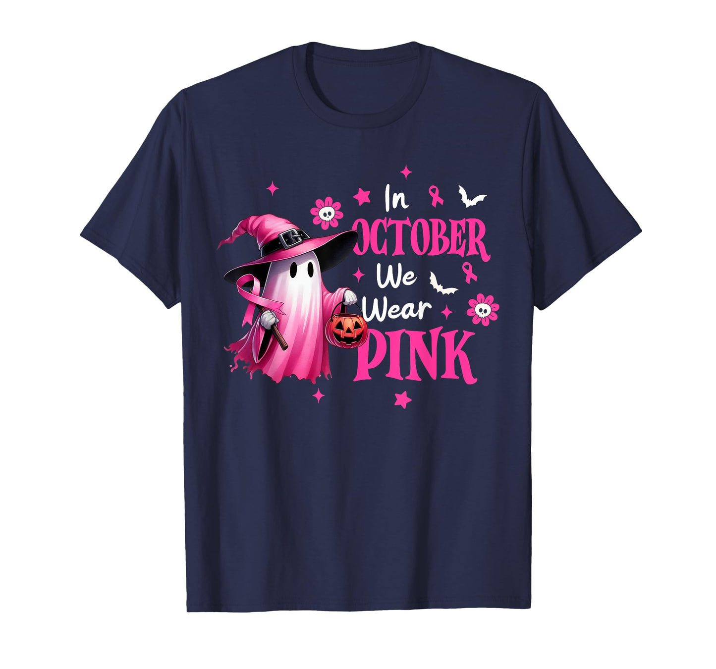 In October We Wear Pink Ghost Witch Breast Cancer Awareness T-Shirt