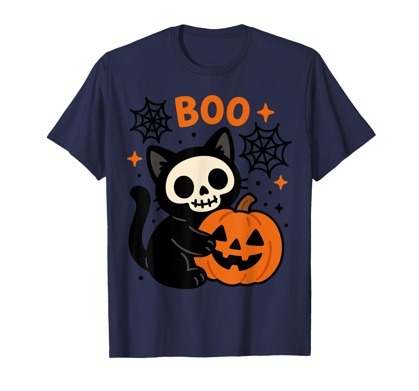 Black Cute Cat Skeleton Boo Pumpkin Halloween Vibes T-Shirt