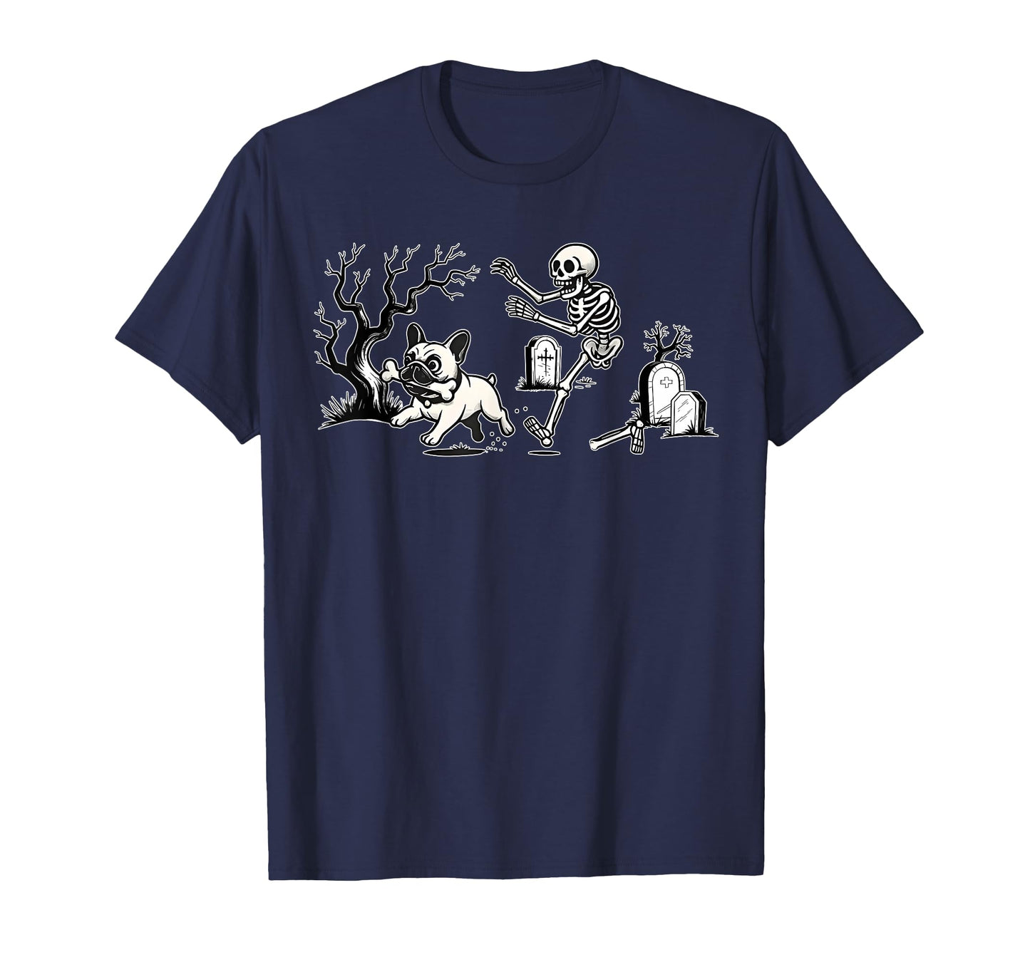 Skeleton Chasing French Bulldog Halloween Dog Mom Pet Lover T-Shirt