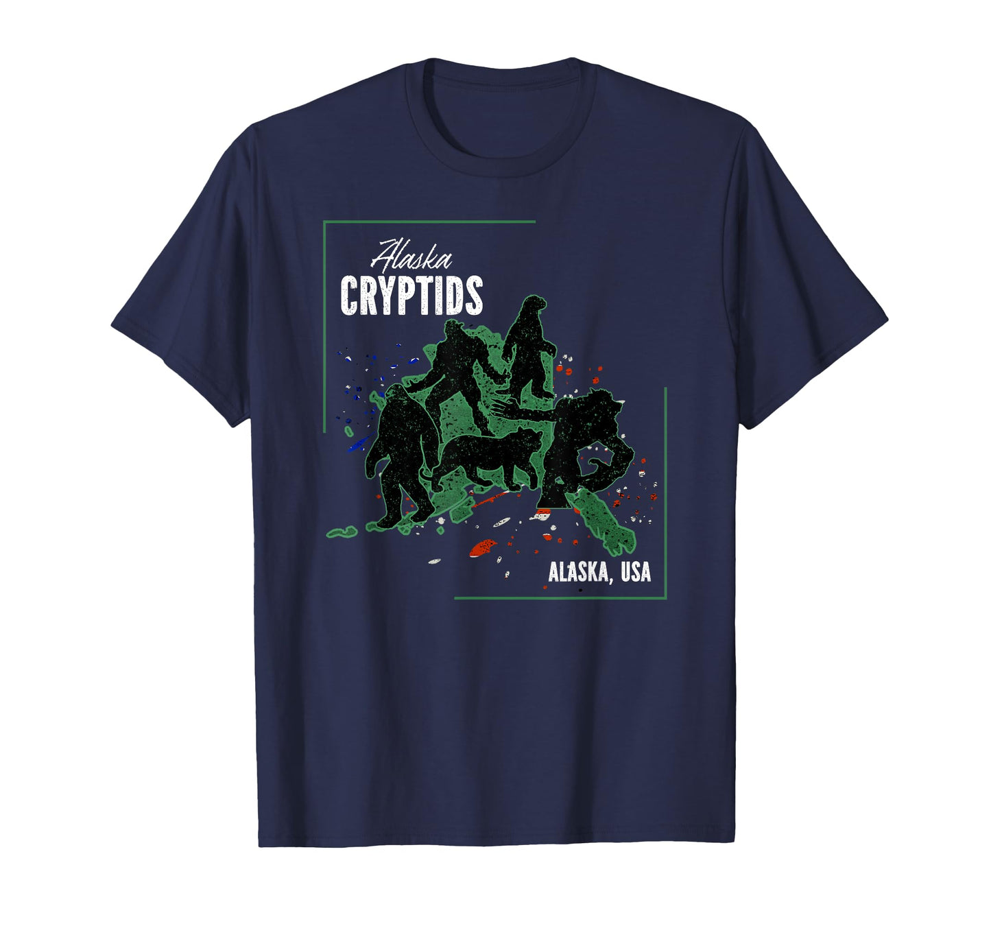 Cryptid Map of Alaska - The Otterman, Bigfoot, Giant, Tiger T-Shirt