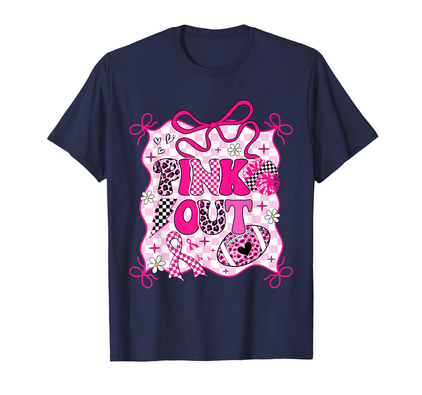 Checkered Football Breast Cancer Pink Ribbon Pink Out Women T-Shirt
