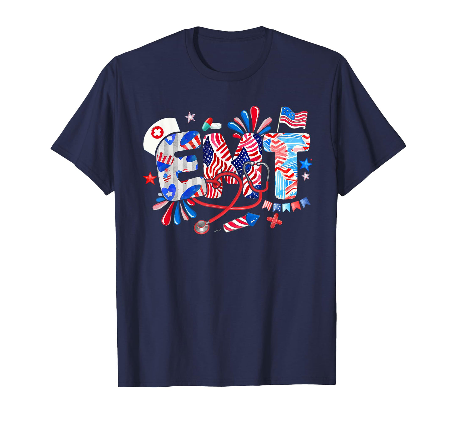 EMT 4th Of July US Flag Fireworks Patriotic Job Team T-Shirt