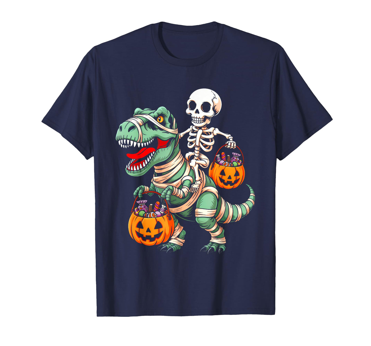Skeleton Riding Mummy Dinosaur Pumpkin Spooky Trex Halloween T-Shirt
