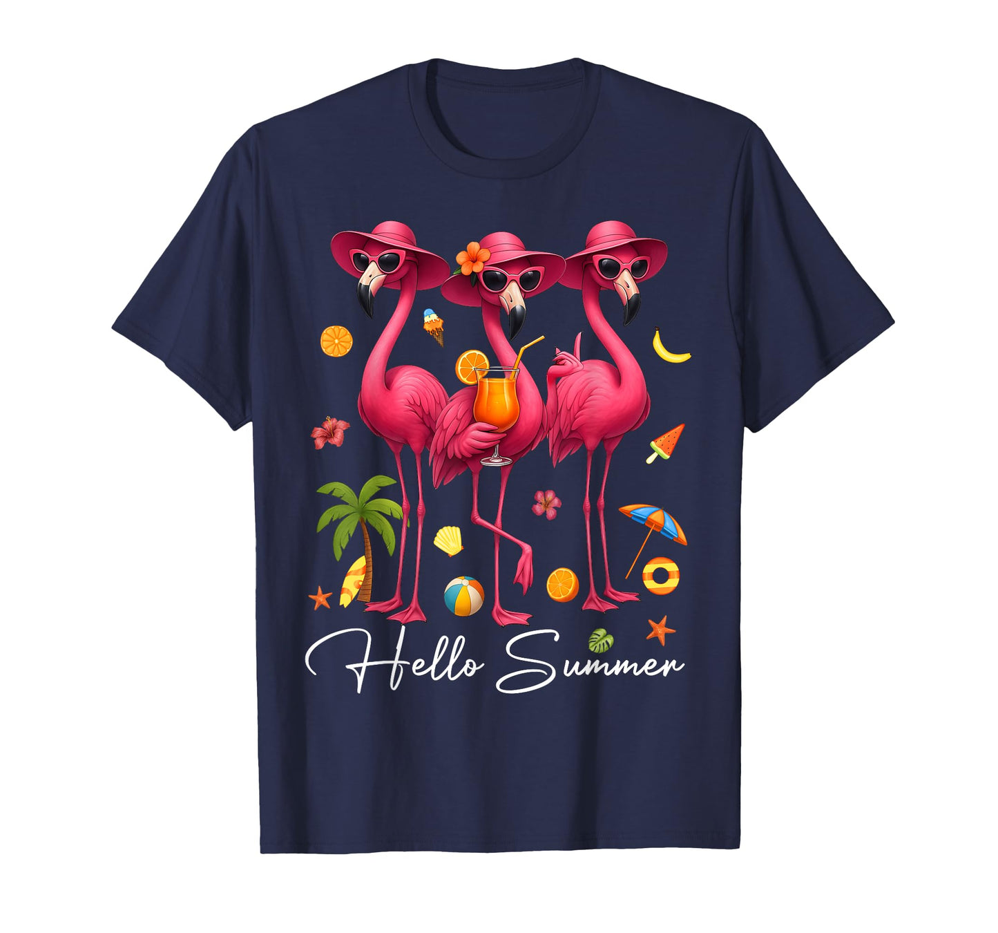 Hello Summer Pink Flamingo Summer Vibes Beach Palm Tree T-Shirt