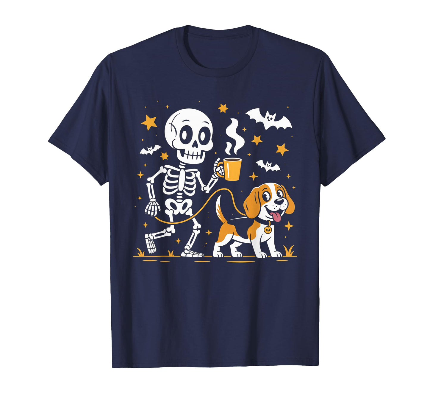 Skeleton Walking Beagle Dog Coffee Lovers Funny Halloween T-Shirt