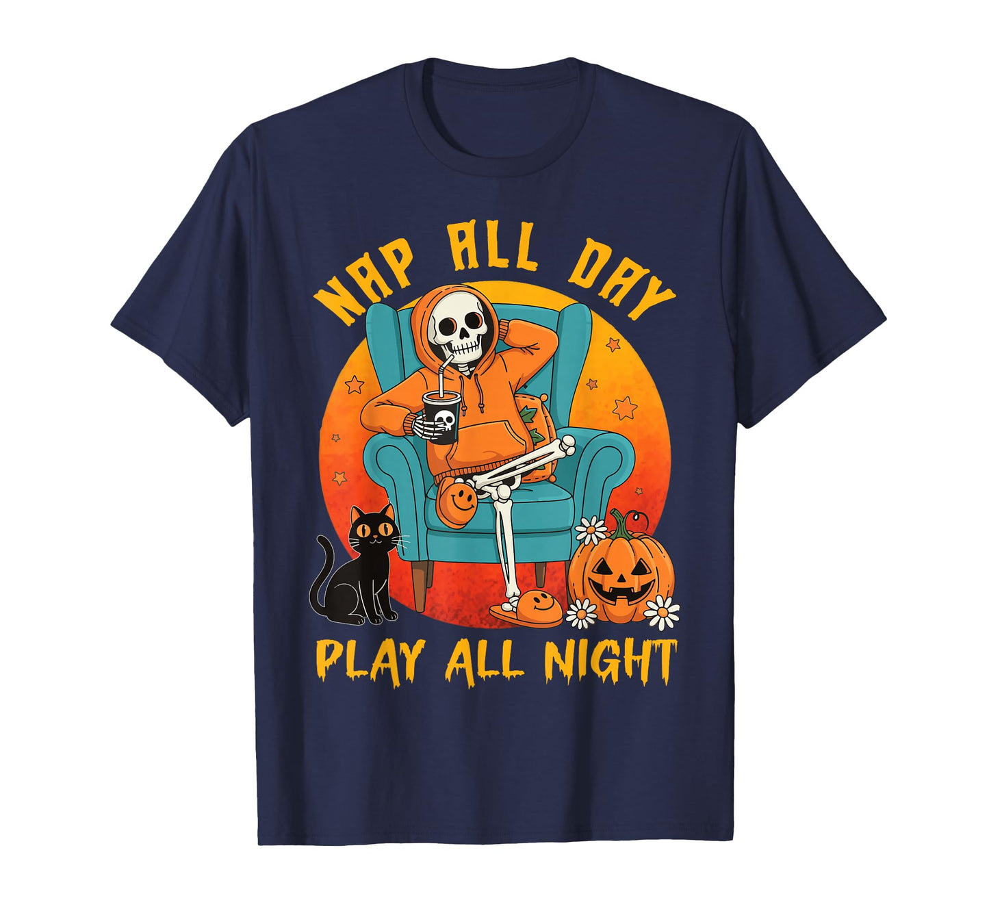 Nap All Day, Play All Night Pumpkin Cat Halloween Skeleton T-Shirt