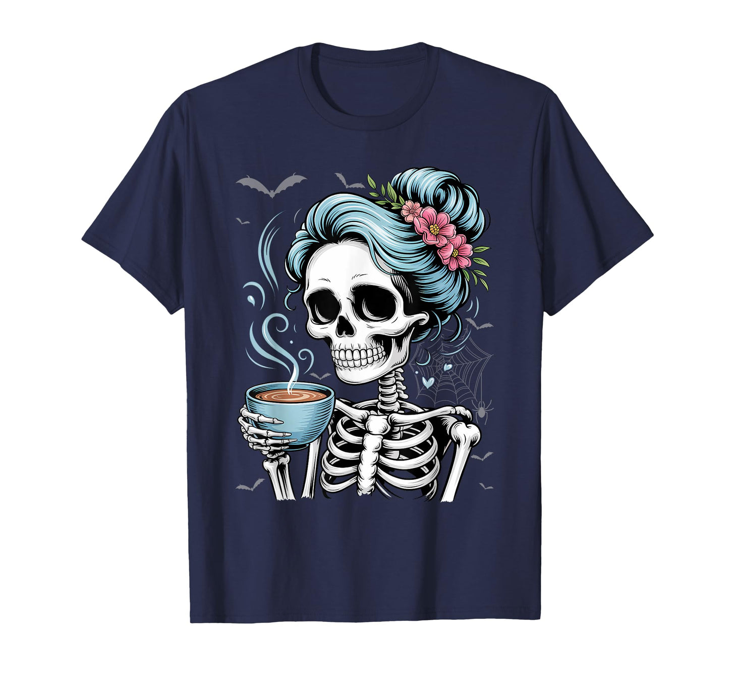 Messy Bun Skeleton Drinking Coffee Vintage Halloween Funny T-Shirt
