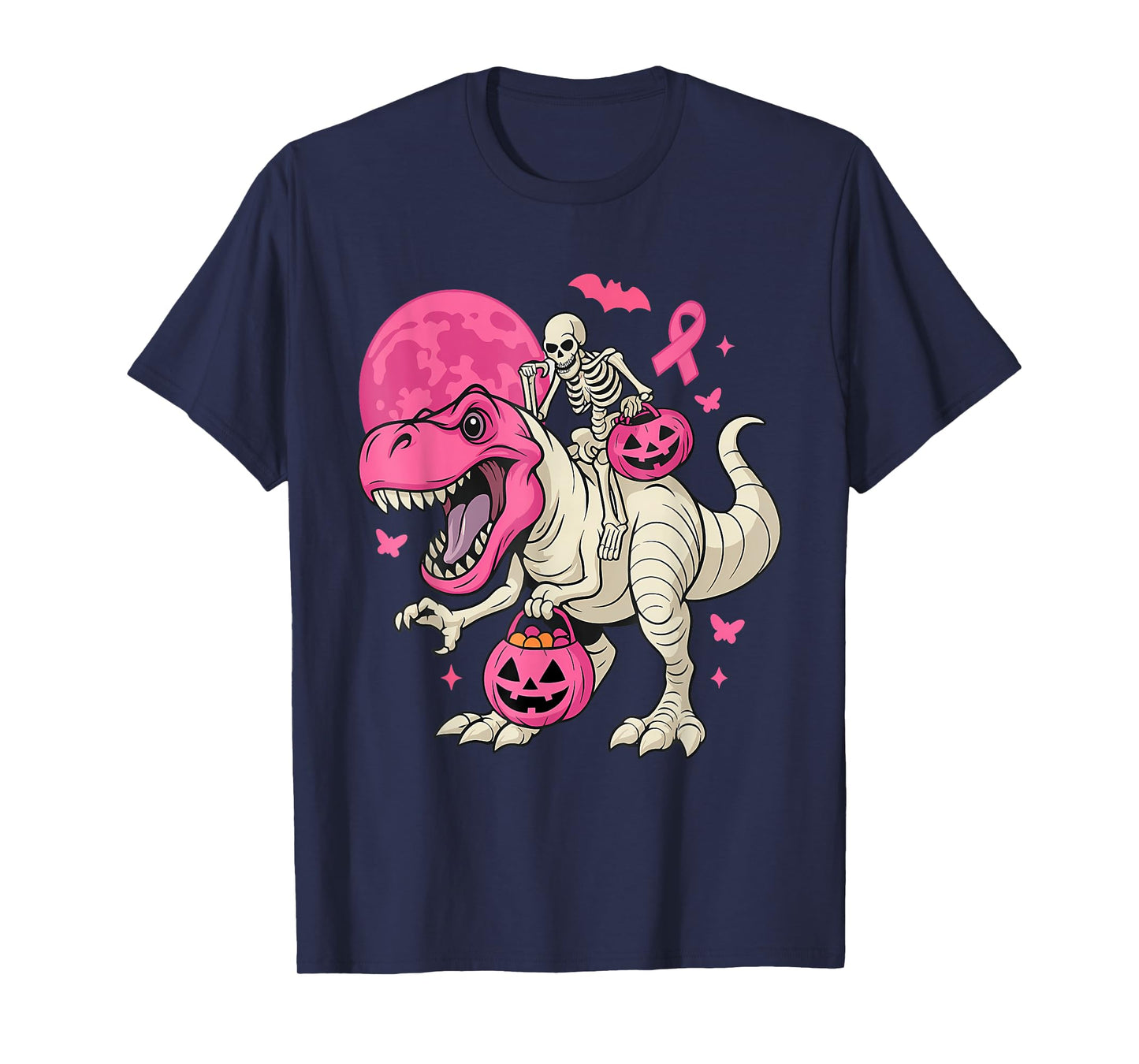 Skeleton Riding Dinosaur Halloween Pumpkin Breast Cancer T-Shirt