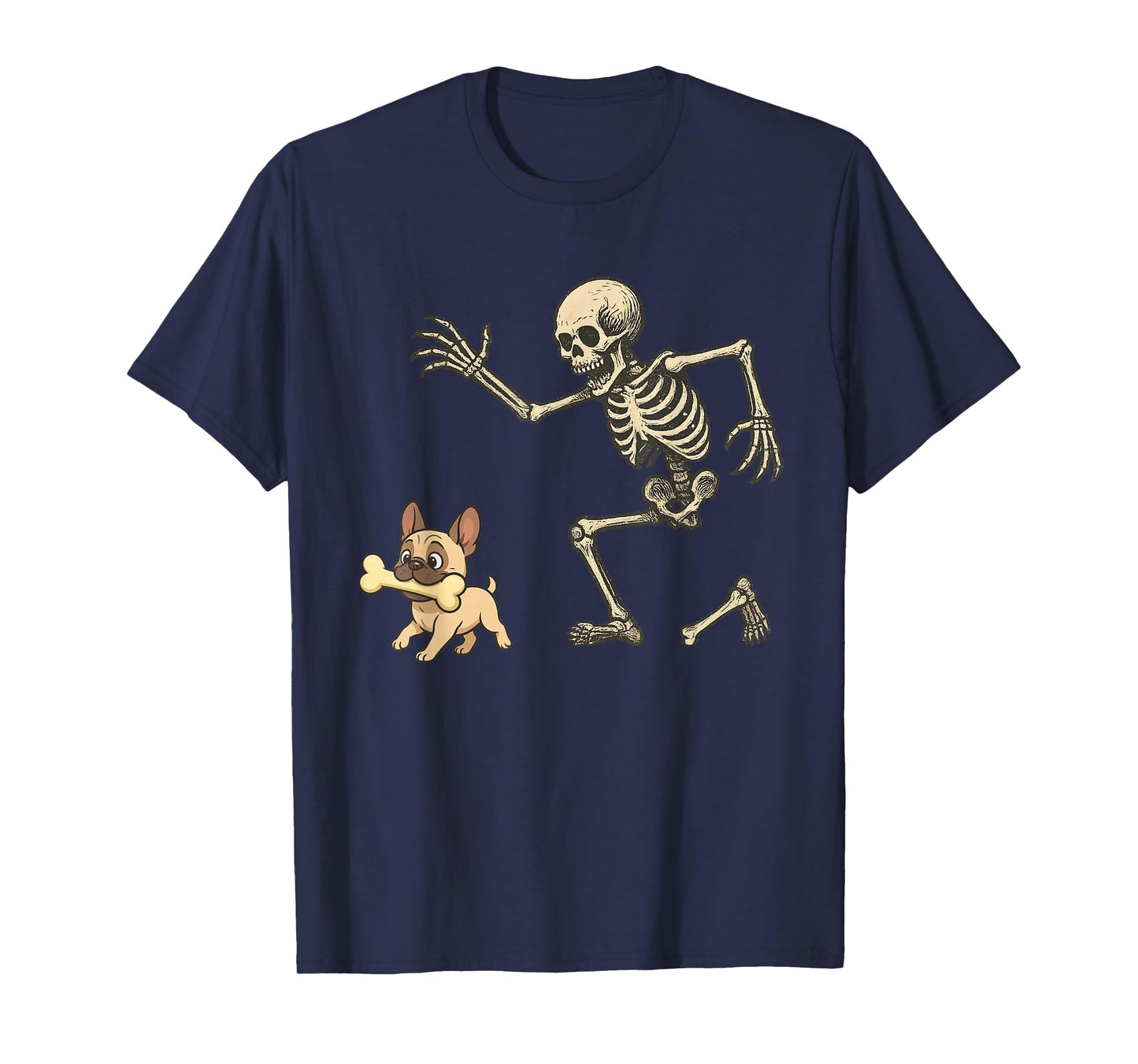 Funny Skeleton Chasing Frenchie Halloween Dog Men Women T-Shirt
