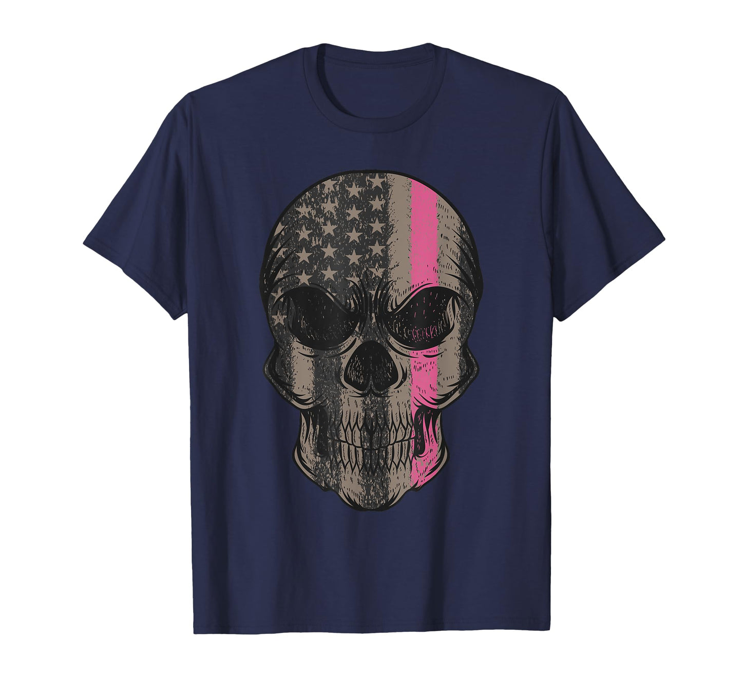 Thin Pink Line Breast Cancer Awareness American Flag Skull Women Men T-Shirt