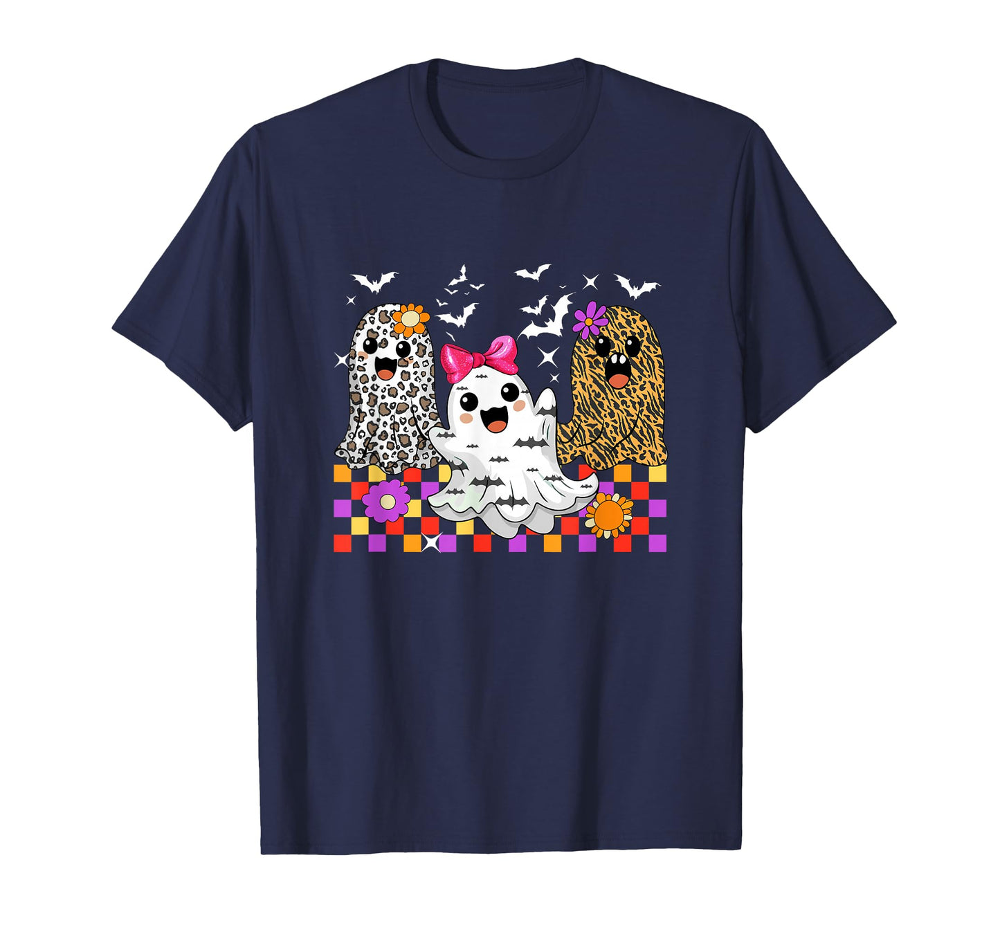 Three Cute Leopard Colorful Boos Bow Tie Halloween Girls T-Shirt