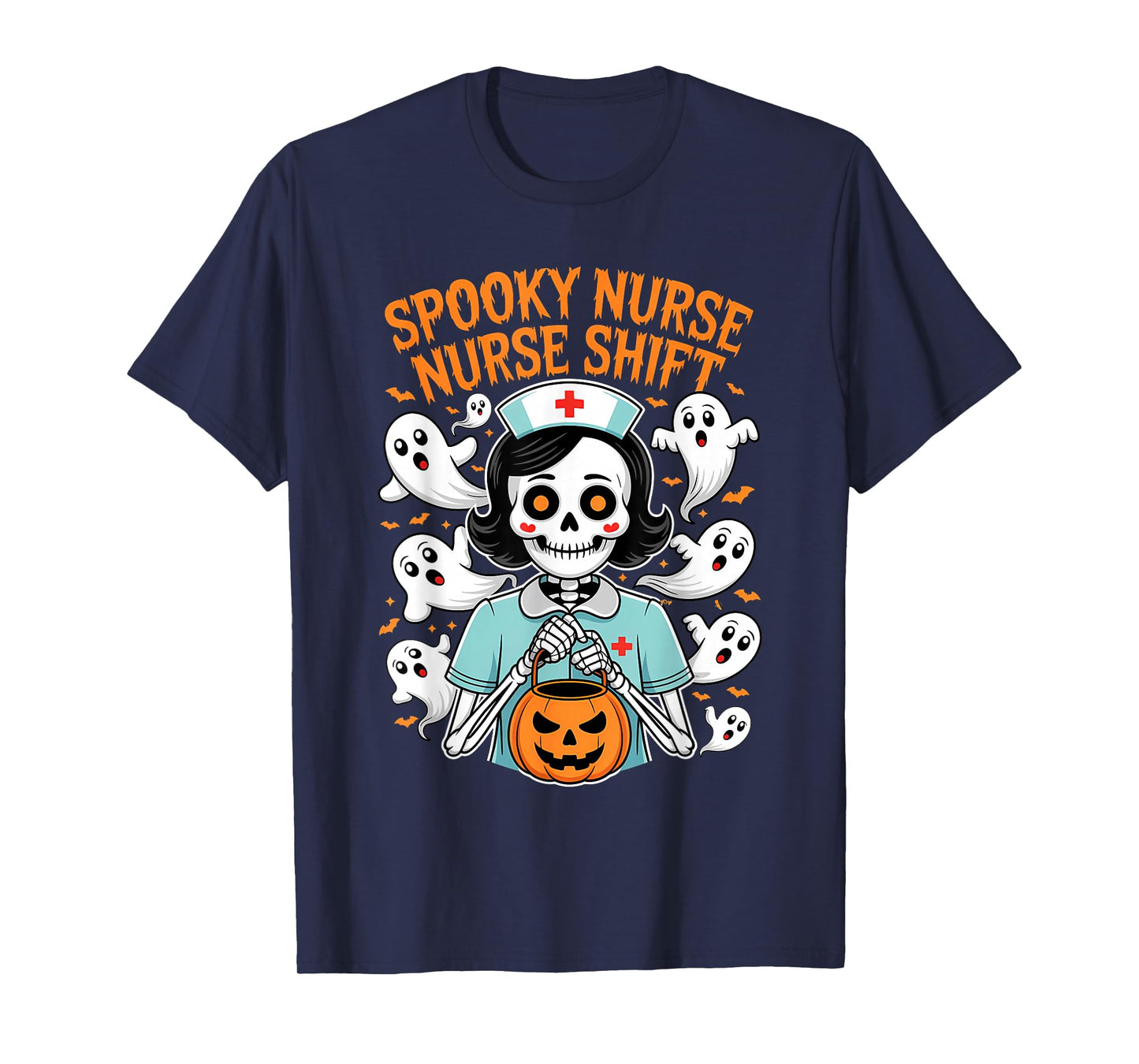 Spooky Nurse Shift Funny Nurses Ghosts Skeletons Halloween T-Shirt