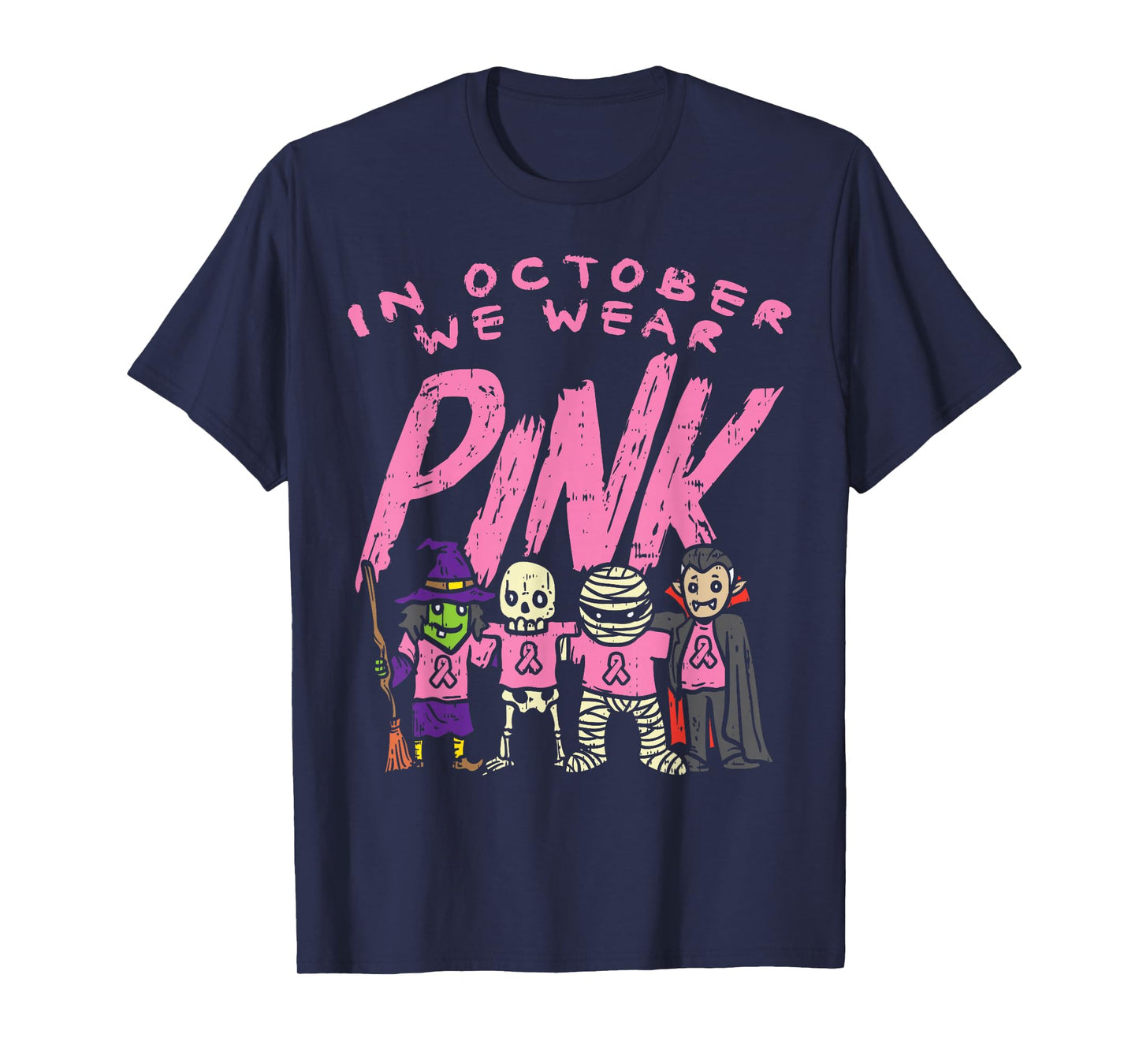 October We Wear Pink Witch Skeleton Halloween Breast Cancer T-Shirt